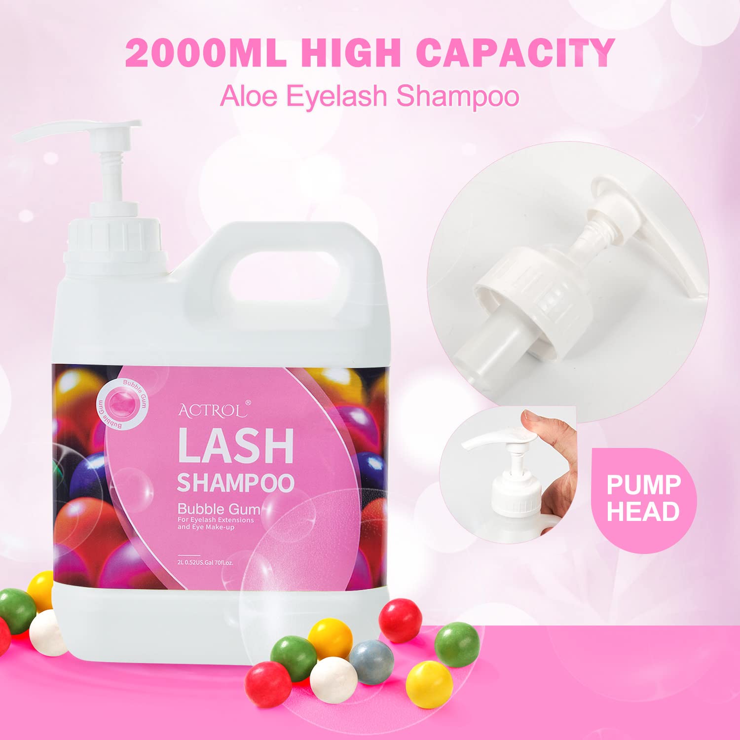 ACTROL Eyelash Cleanser Bubble Gum 2L – Natural Lash Extension Shampoo, Paraben & Sulfate Free, Salon & Home Use