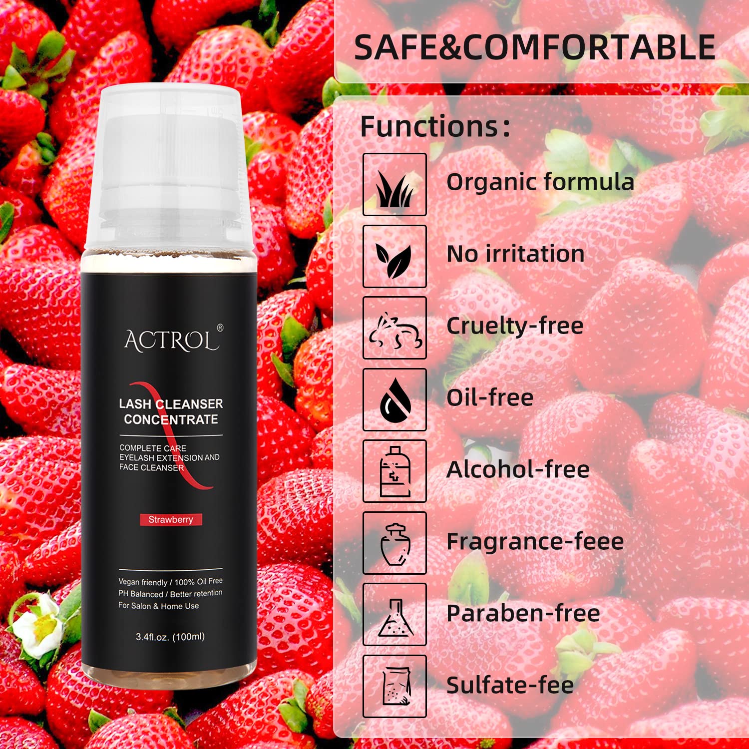 ACTROL Eyelash Cleanser Concentrate 100ml - Strawberry Lash Shampoo for Extensions