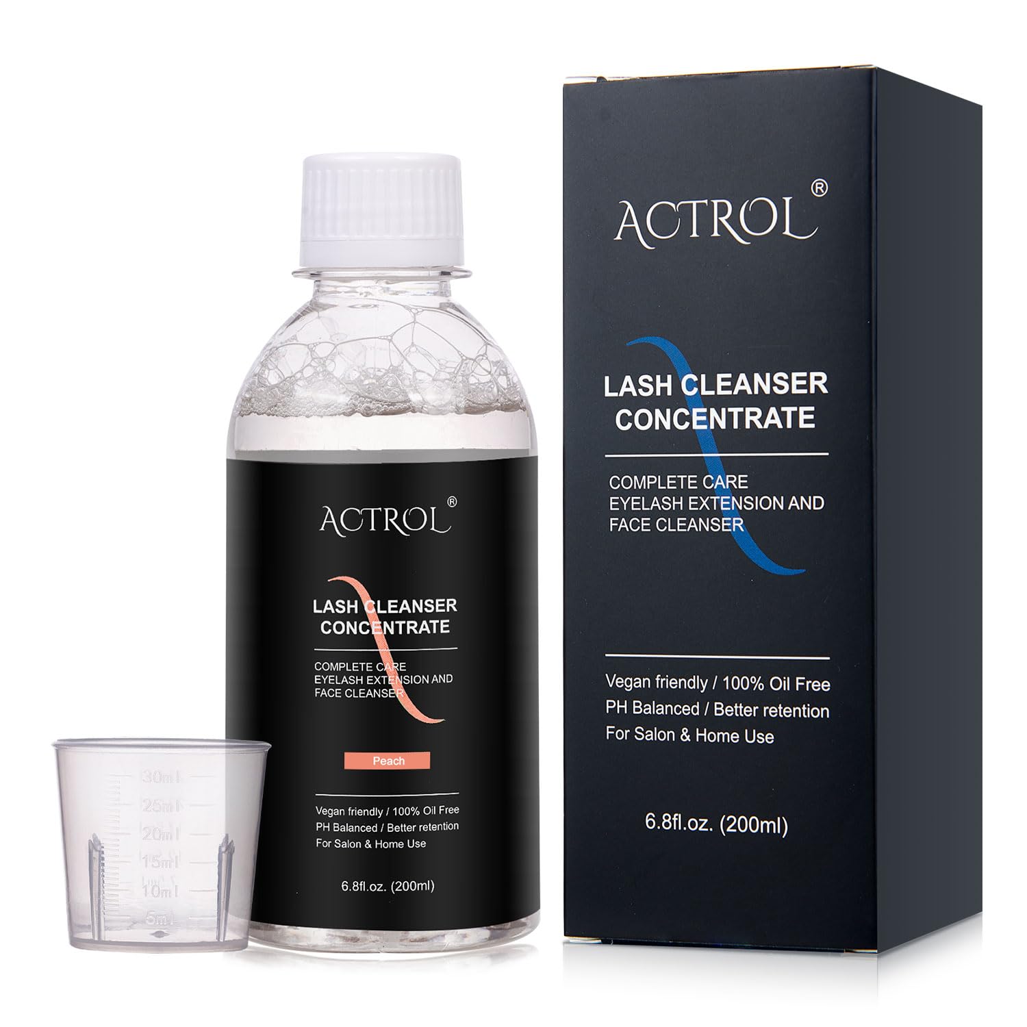 ACTROL Eyelash Cleanser Concentrate 200ml – Peach Foaming Lash Shampoo for Extensions (Paraben & Sulfate Free) | Salon & Home Care (Makes 40 Bottles)