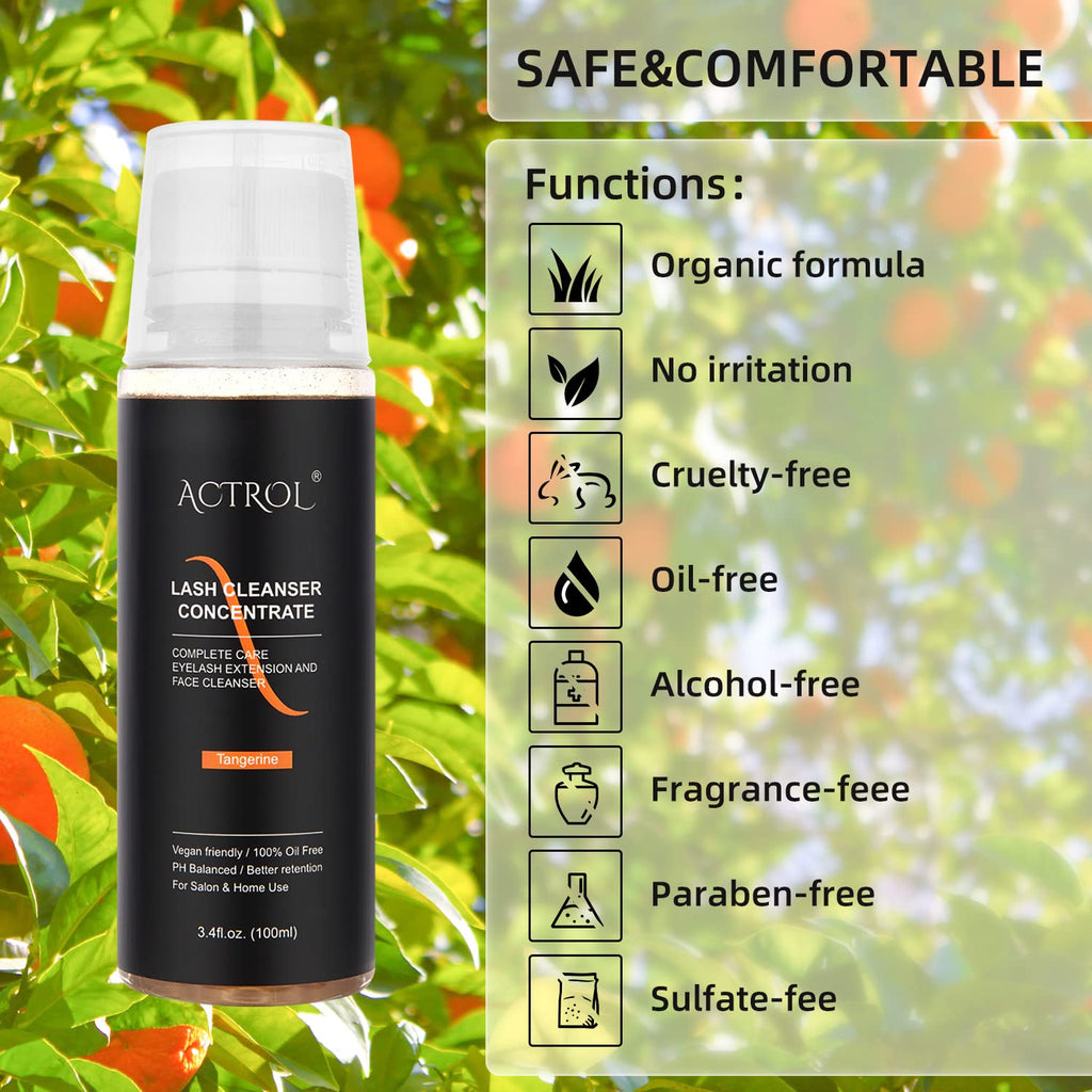 ACTROL Eyelash Cleanser Concentrate 100ml – Tangerine Foaming Lash Shampoo for Extensions (Paraben & Sulfate Free) – Makes 20 Bottles