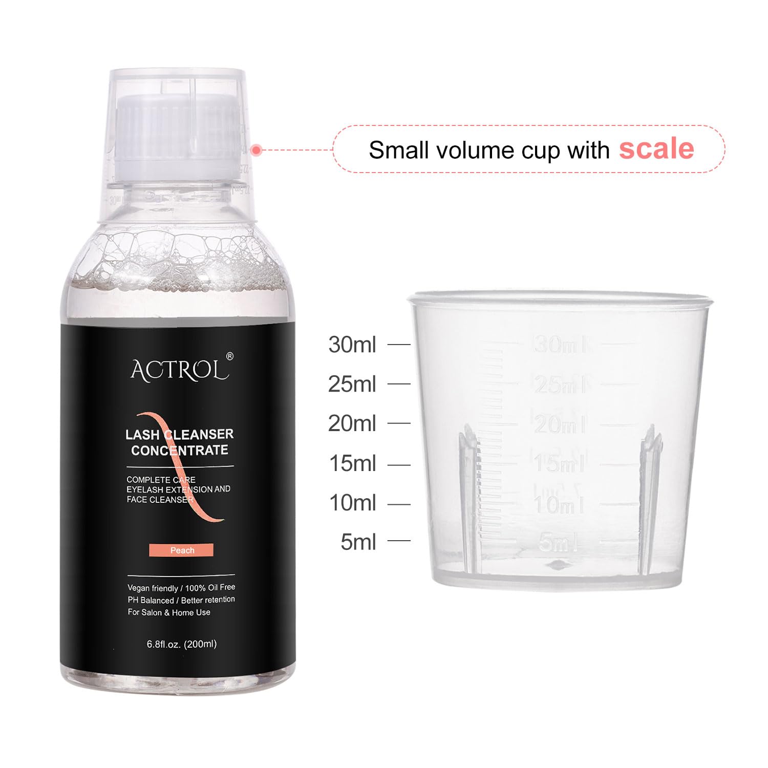 ACTROL Eyelash Cleanser Concentrate 200ml – Peach Foaming Lash Shampoo for Extensions (Paraben & Sulfate Free) | Salon & Home Care (Makes 40 Bottles)