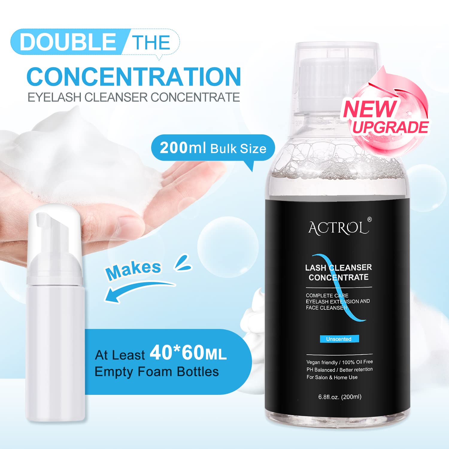 ACTROL Eyelash Cleanser Concentrate 200ml – Unscented Foaming Lash Shampoo for Extensions | Professional Salon & Home Care