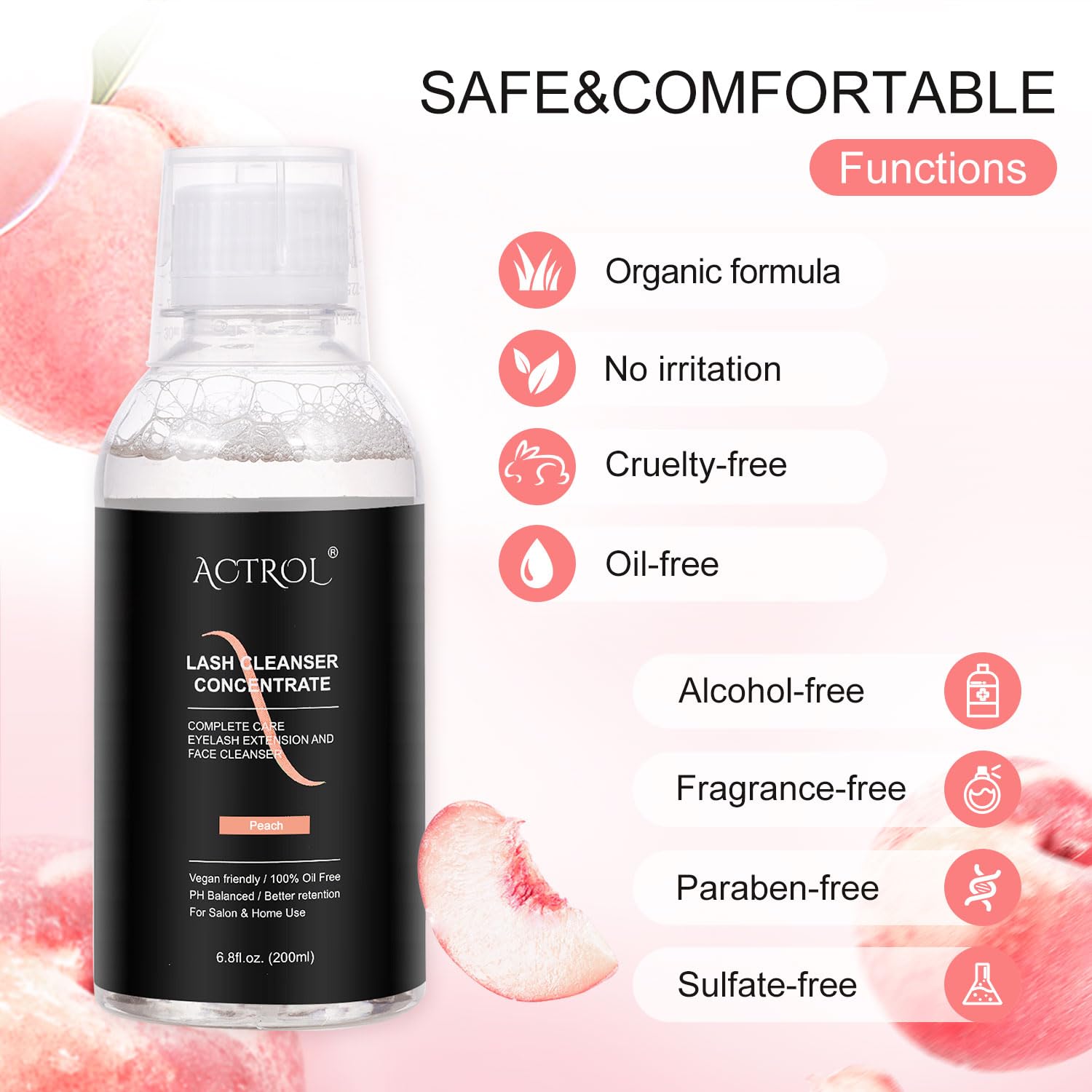 ACTROL Eyelash Cleanser Concentrate 200ml – Peach Foaming Lash Shampoo for Extensions (Paraben & Sulfate Free) | Salon & Home Care (Makes 40 Bottles)