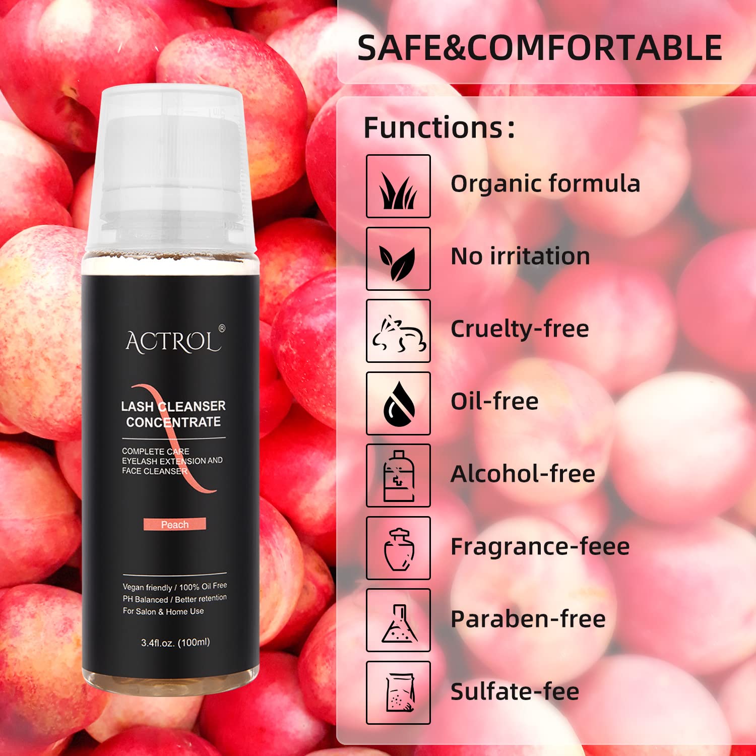ACTROL Eyelash Cleanser Concentrate 100ml – Peach Foaming Lash Shampoo for Extensions