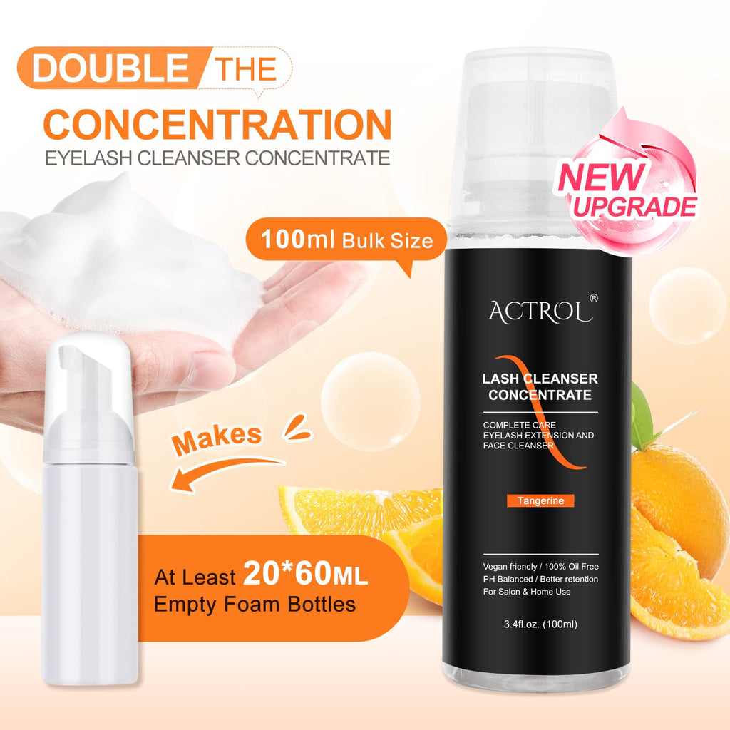 ACTROL Eyelash Cleanser Concentrate 100ml – Tangerine Foaming Lash Shampoo for Extensions (Paraben & Sulfate Free) – Makes 20 Bottles