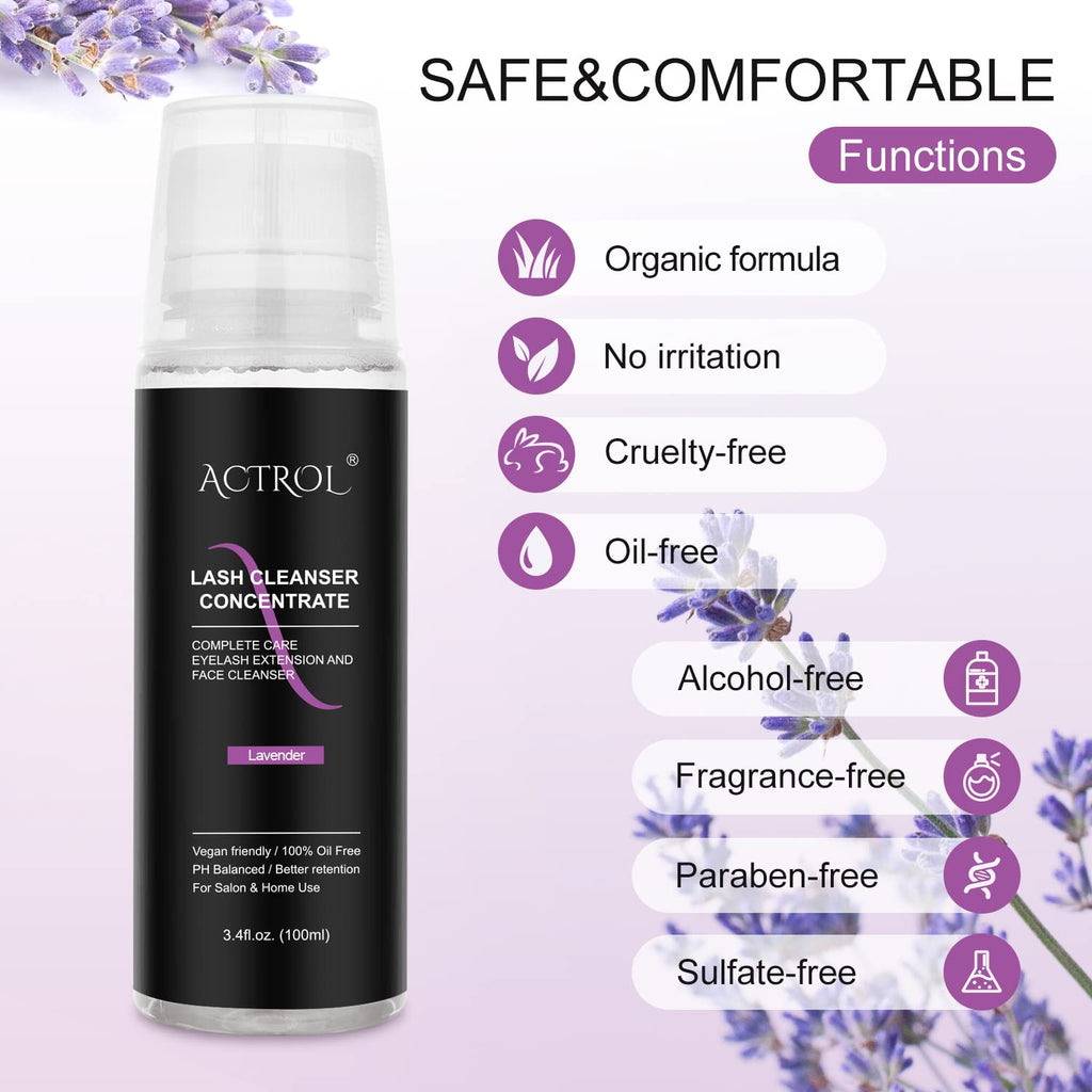 ACTROL Eyelash Cleanser Concentrate 100ml Lavender – Paraben & Sulfate Free Foaming Lash Shampoo