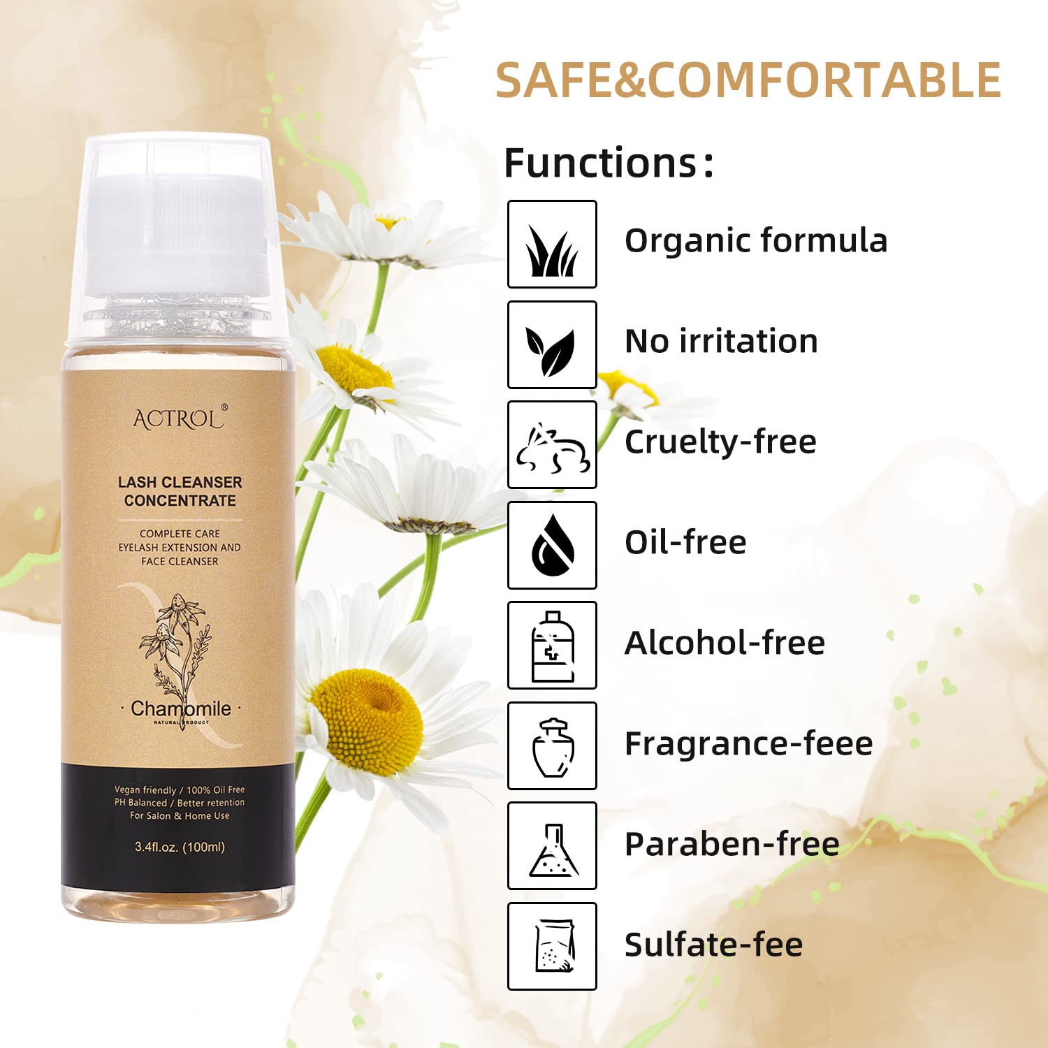 ACTROL Eyelash Cleanser Concentrate 100ml – Chamomile Foaming Lash Shampoo for Extensions (Paraben & Sulfate Free, Makes 20 Bottles)