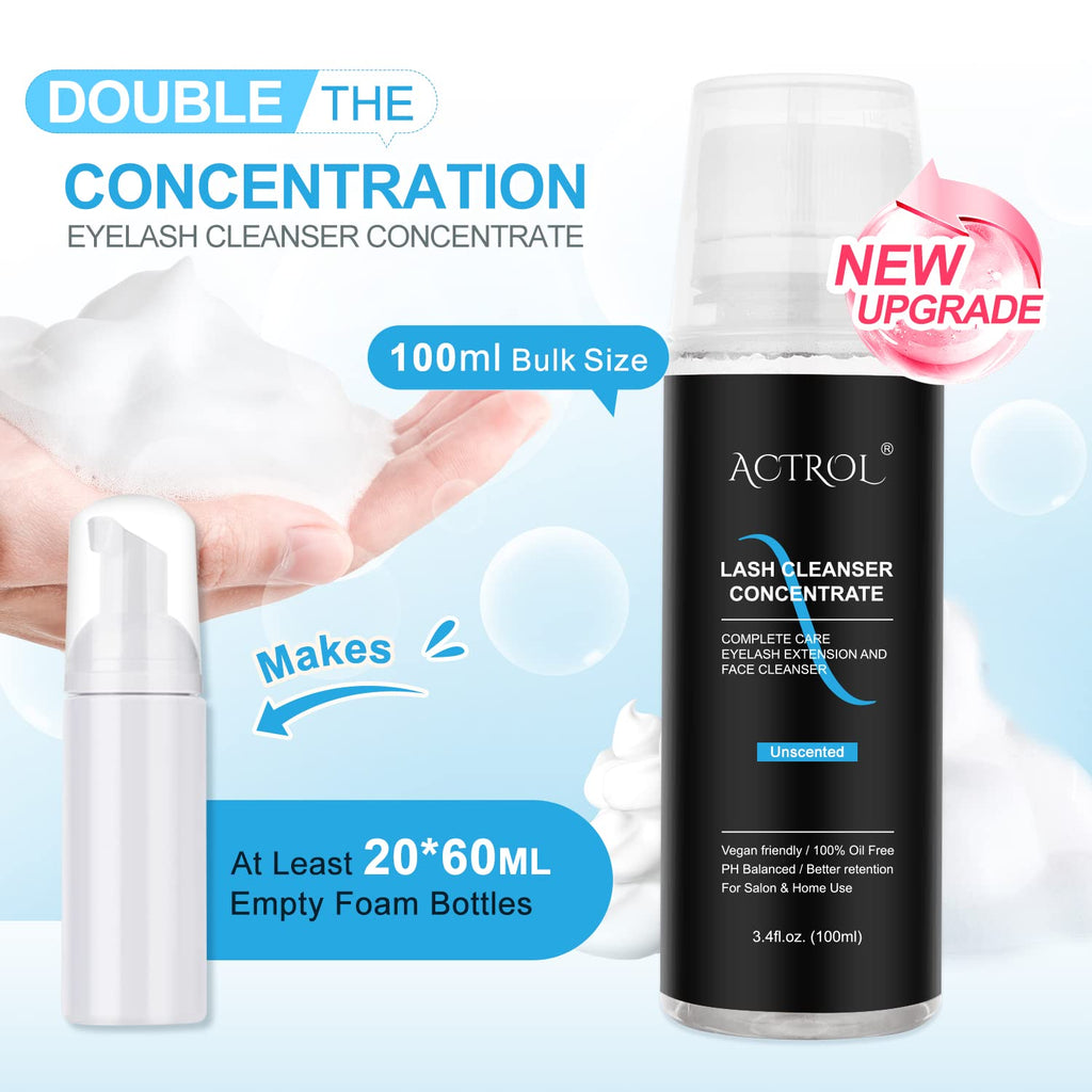ACTROL Eyelash Cleanser Concentrate 100ml Unscented Foaming Lash Shampoo – Salon & Home Care (Makes 20 Bottles)