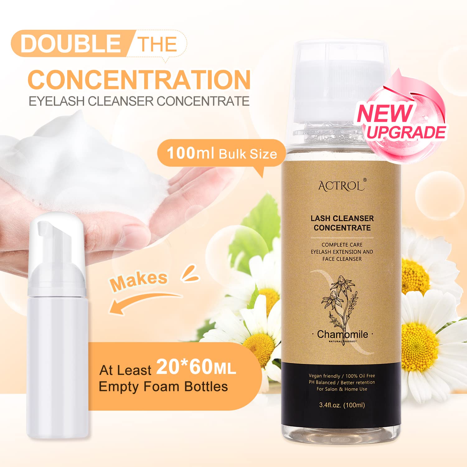 ACTROL Eyelash Cleanser Concentrate 100ml – Chamomile Foaming Lash Shampoo for Extensions (Paraben & Sulfate Free, Makes 20 Bottles)