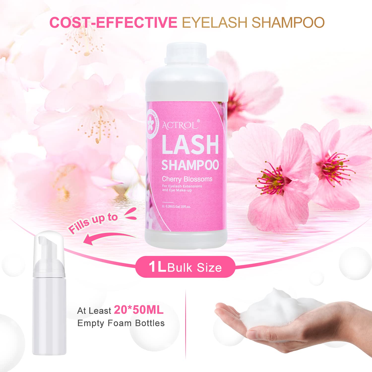 ACTROL Eyelash Extension Cleanser Cherry Blossom 1L | Natural Foaming Lash Shampoo for Salon & Home Care