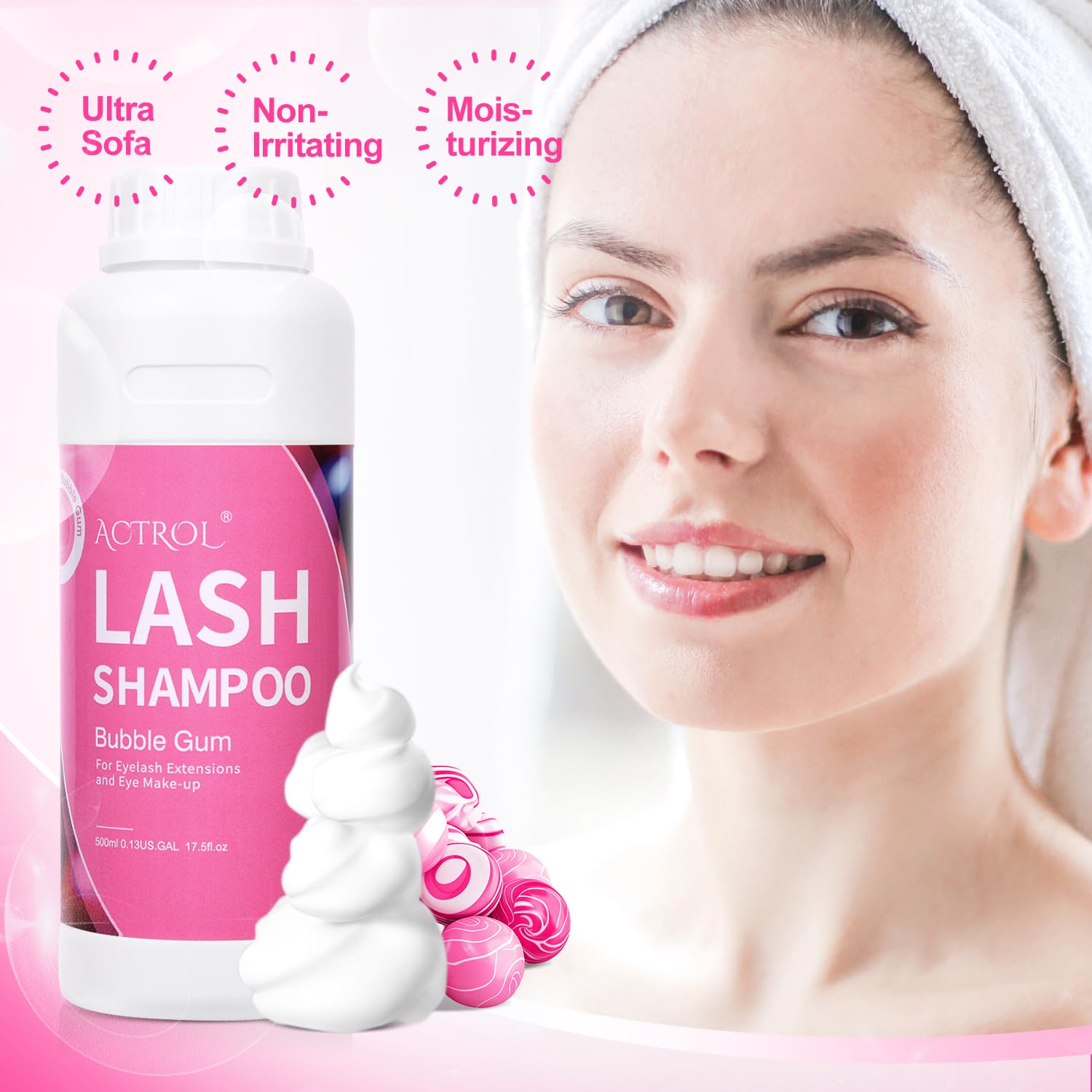 ACTROL Eyelash Extension Cleanser Bubble Gum 500ml – Paraben & Sulfate Free, Salon & Home Care
