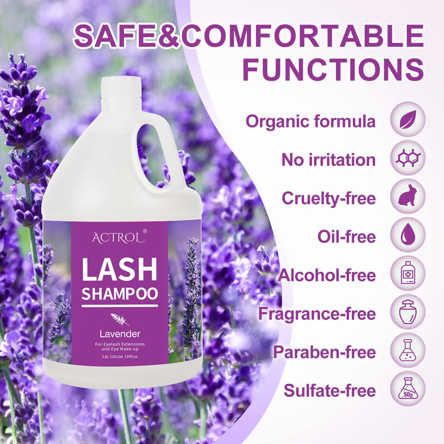 ACTROL Eyelash Extension Cleanser Gallon Lavender – 3.8L, Paraben & Sulfate Free, Non-Irritating, Salon & Home Care