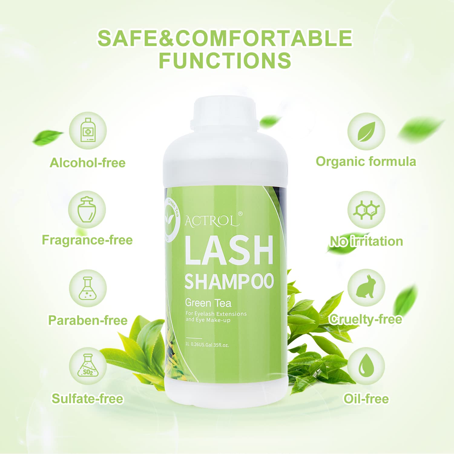 ACTROL Eyelash Extension Cleanser Green Tea 1L – Natural Lash Shampoo for Salon & Home Care
