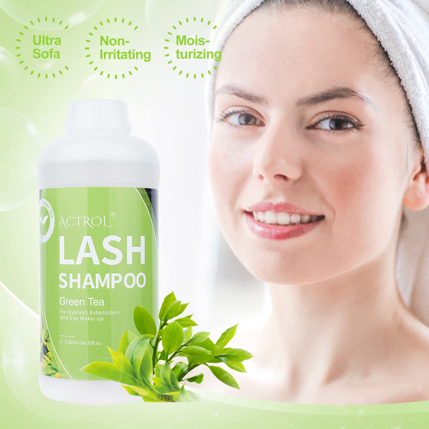 ACTROL Eyelash Extension Cleanser Green Tea 1L – Natural Lash Shampoo for Salon & Home Care