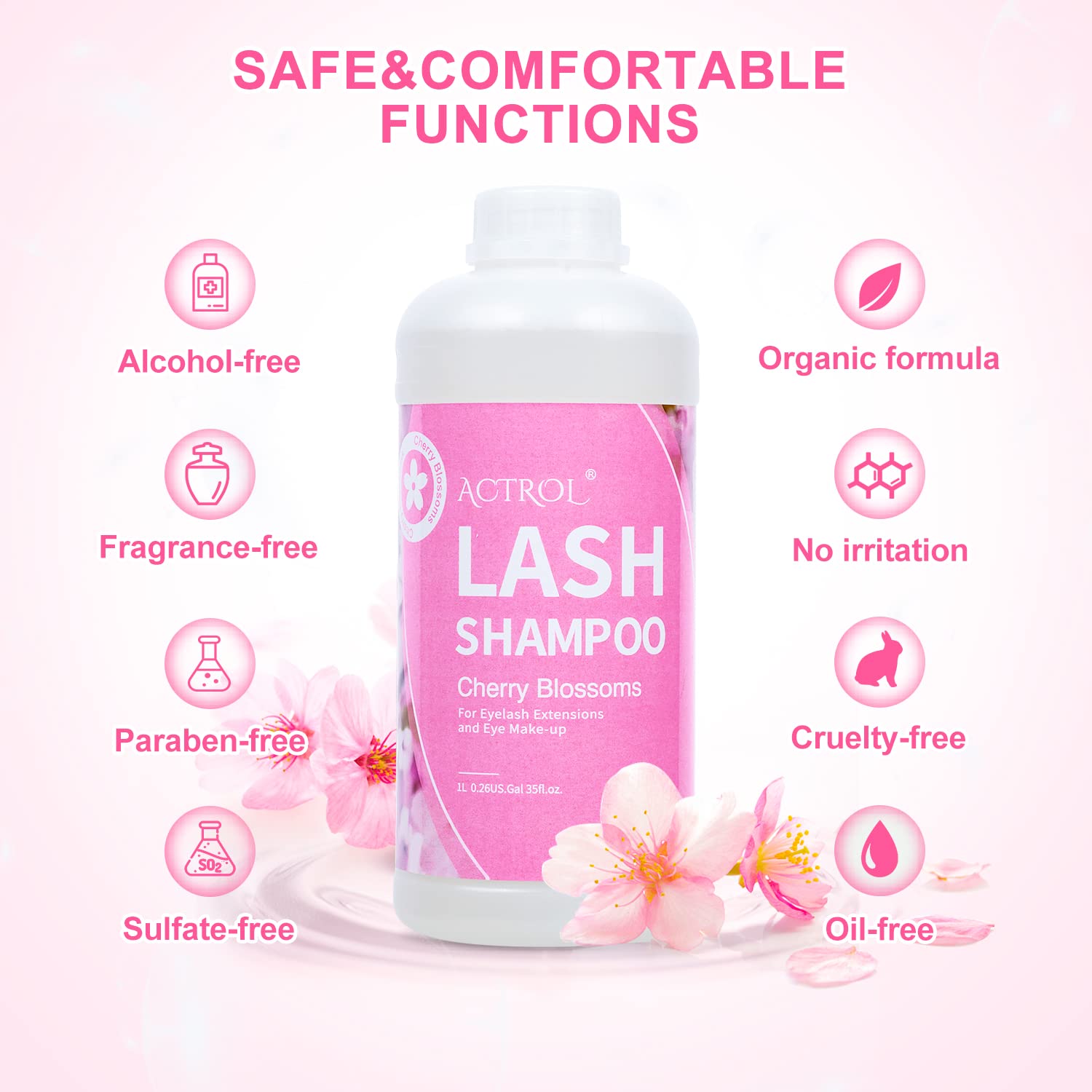ACTROL Eyelash Extension Cleanser Cherry Blossom 1L | Natural Foaming Lash Shampoo for Salon & Home Care