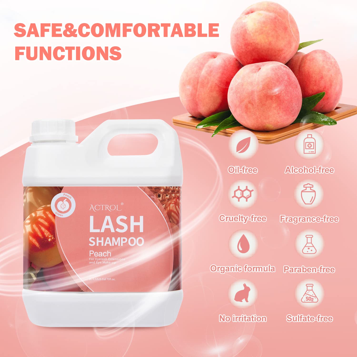 ACTROL Eyelash Extension Cleanser Peach 2L – Natural Lash Shampoo, Paraben & Sulfate Free