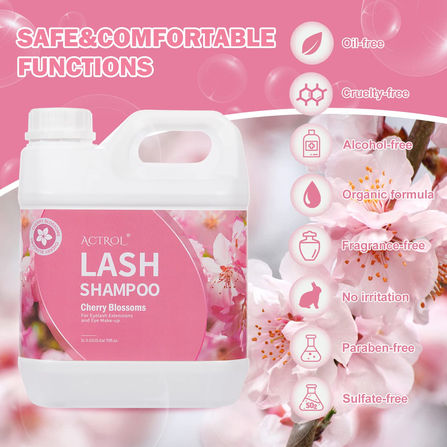 ACTROL Eyelash Extension Cleanser Cherry Blossom 2L – Paraben & Sulfate Free, Salon & Home Use