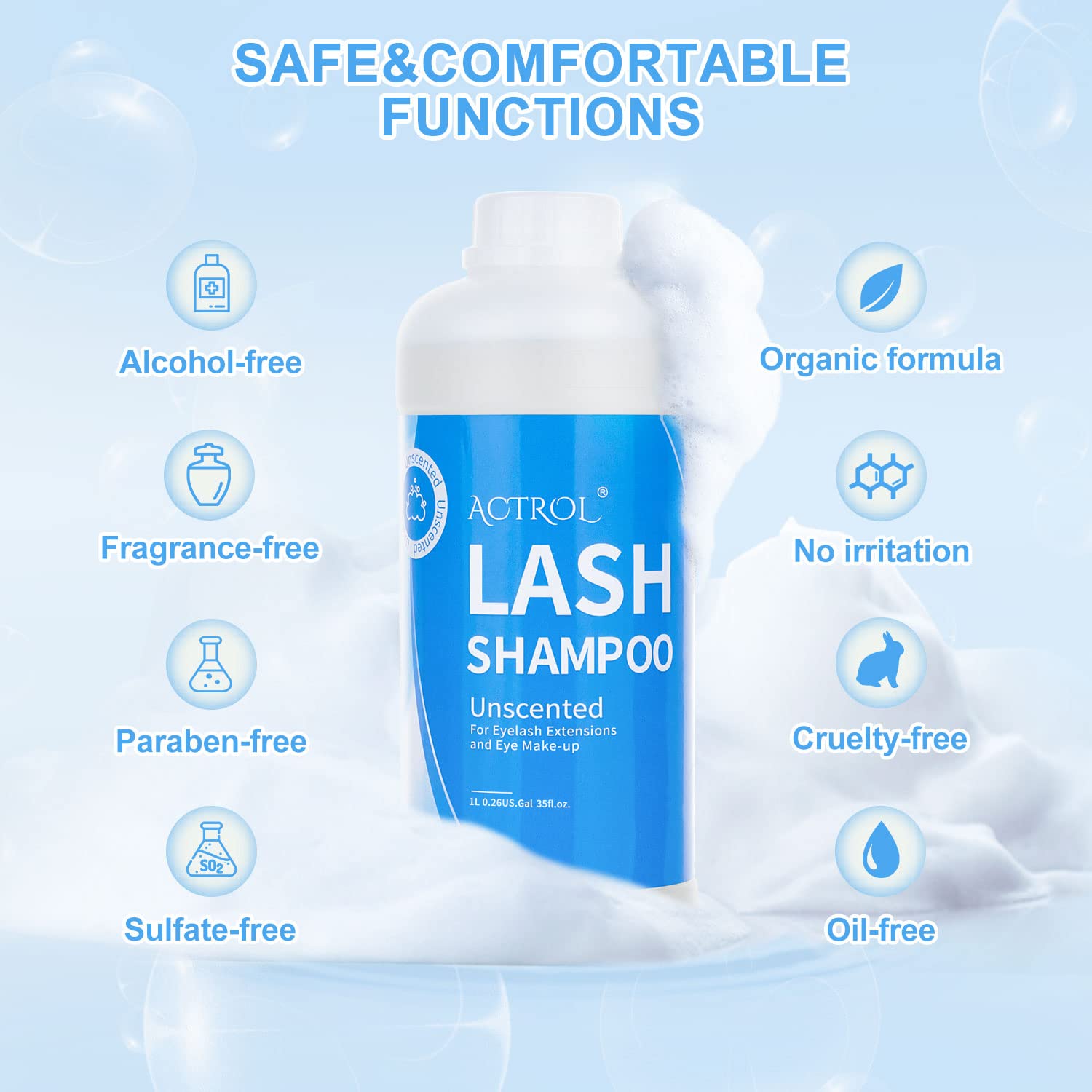 ACTROL Eyelash Extension Cleanser Unscented 1L — Salon-Grade, Paraben & Sulfate Free, Non-Irritating