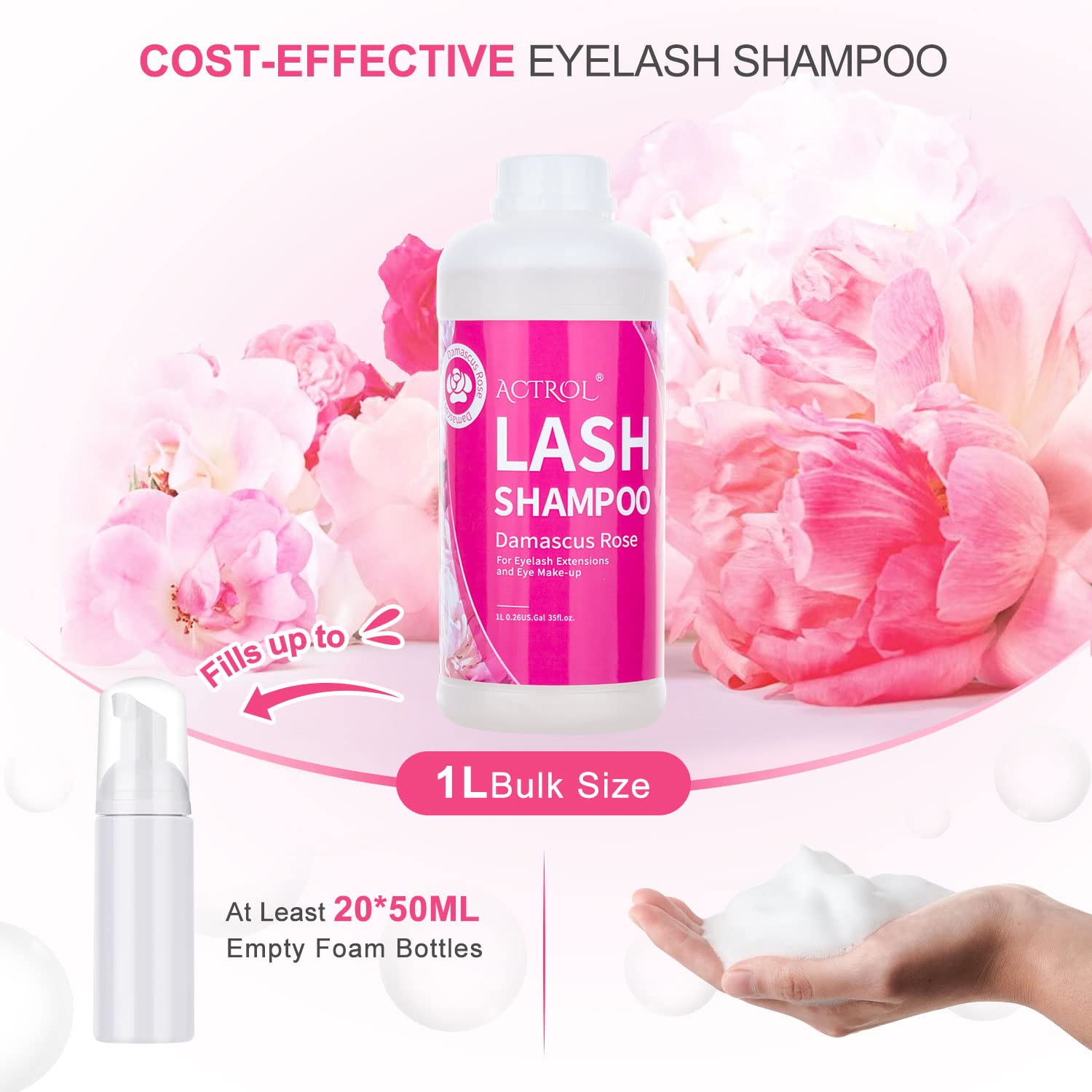 ACTROL Eyelash Extension Cleanser Rose 1L – Paraben & Sulfate Free, Professional Lash Shampoo