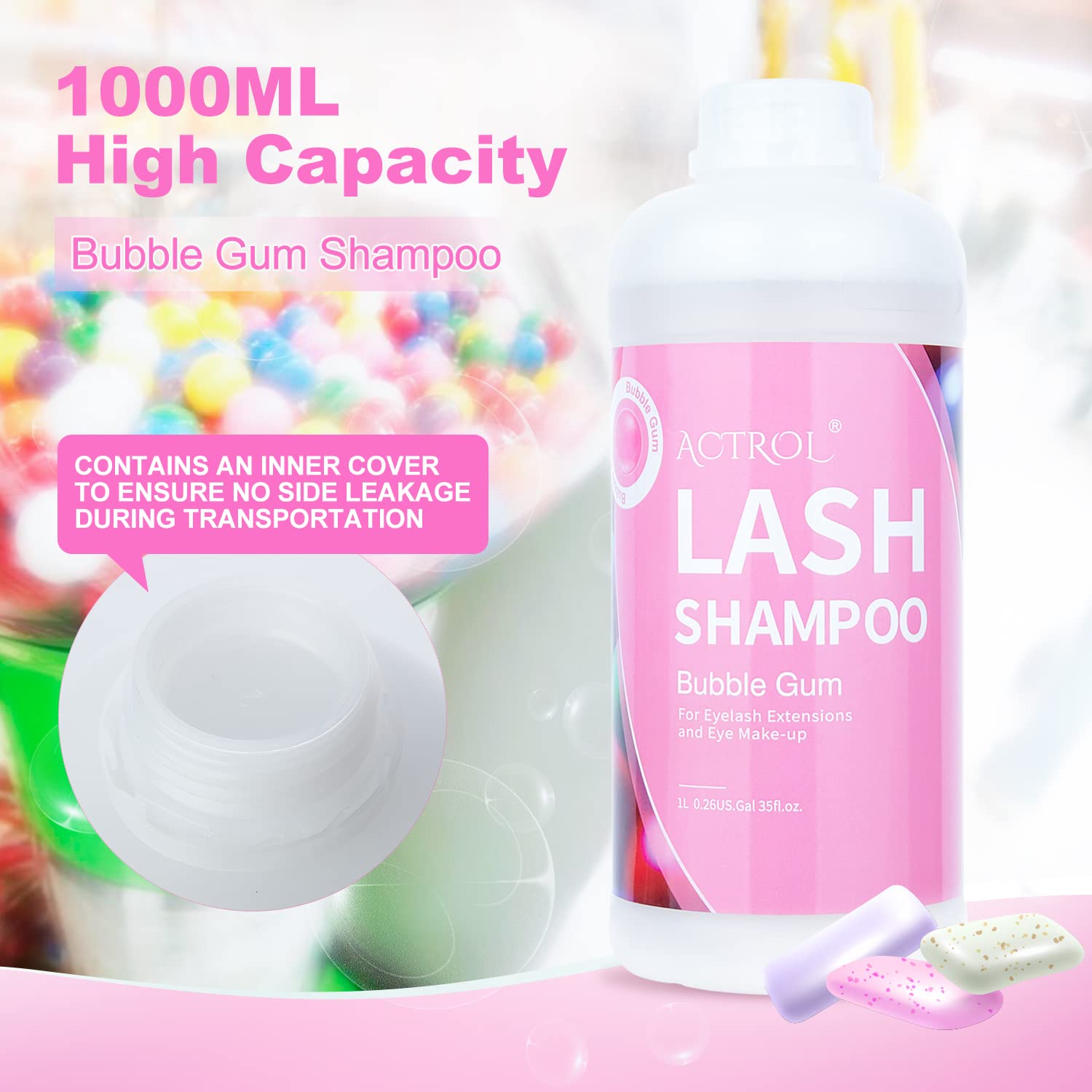 ACTROL Eyelash Extension Cleanser Bubble Gum 1L – Natural Lash Shampoo for Salon & Home Care