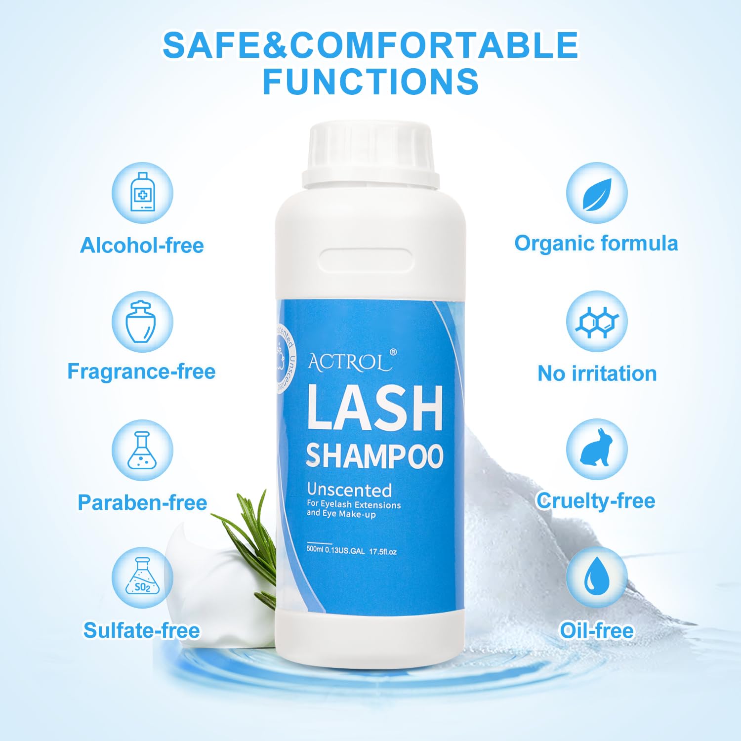ACTROL Eyelash Shampoo Cleanser 500ml – Natural Plant ingredients, Alcohol Free, Paraben Free, Unscented Hydrosol