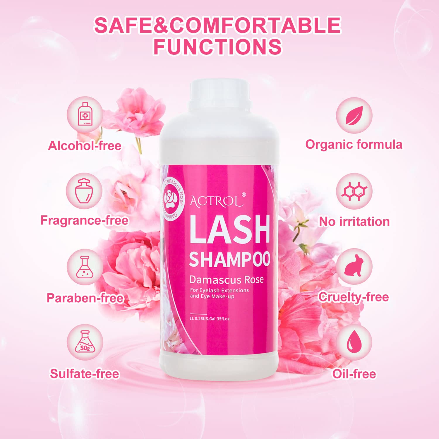 ACTROL Eyelash Extension Cleanser Rose 1L – Paraben & Sulfate Free, Professional Lash Shampoo