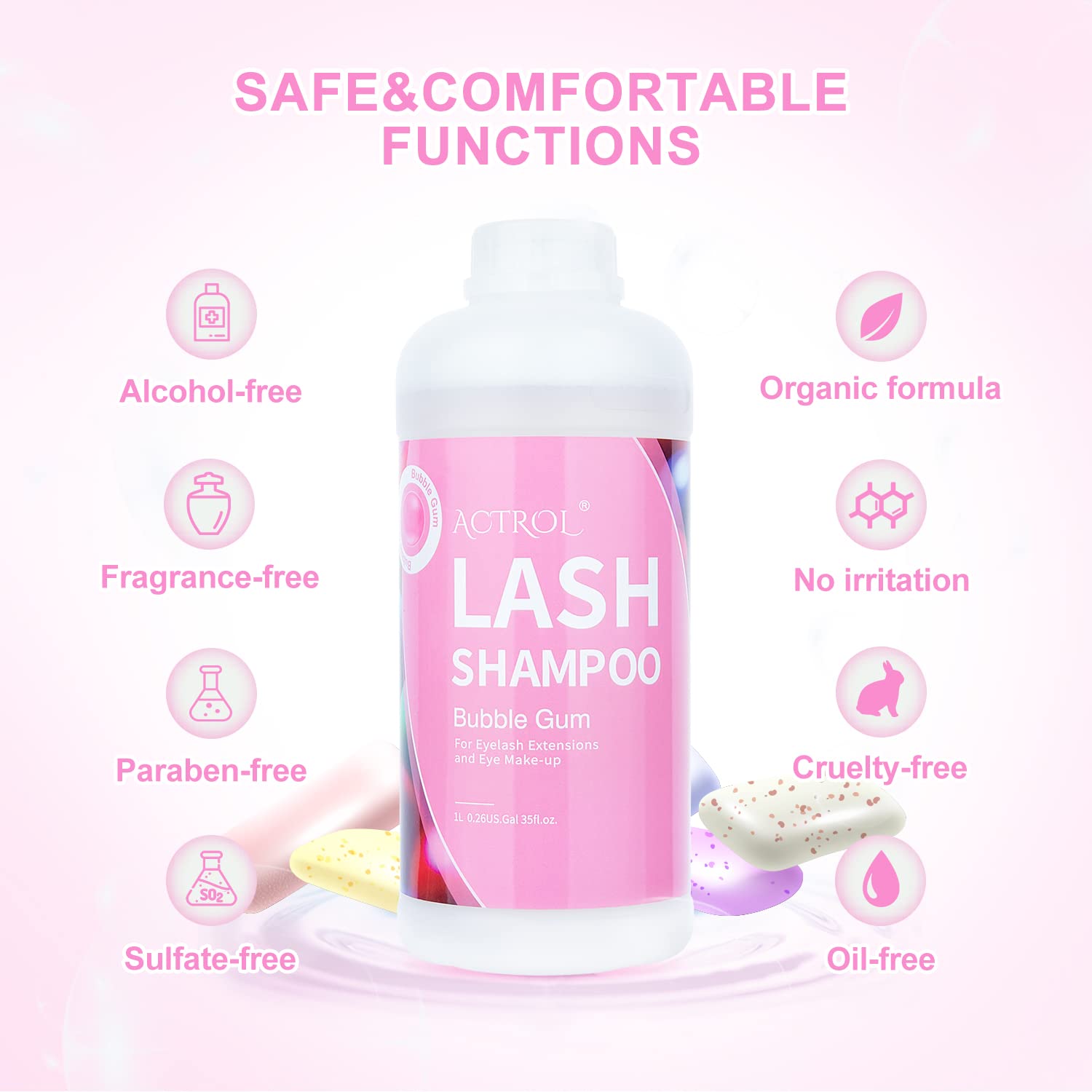 ACTROL Eyelash Extension Cleanser Bubble Gum 1L – Natural Lash Shampoo for Salon & Home Care
