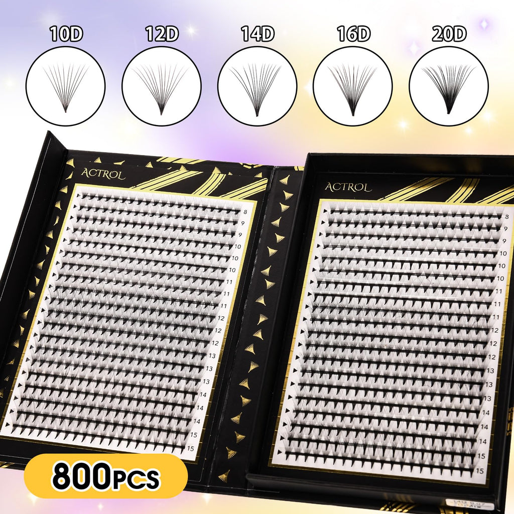 ACTROL 800 Premade Lash Fans – 10D D Curl Middle Stem, 8-15mm Mixed Length Box