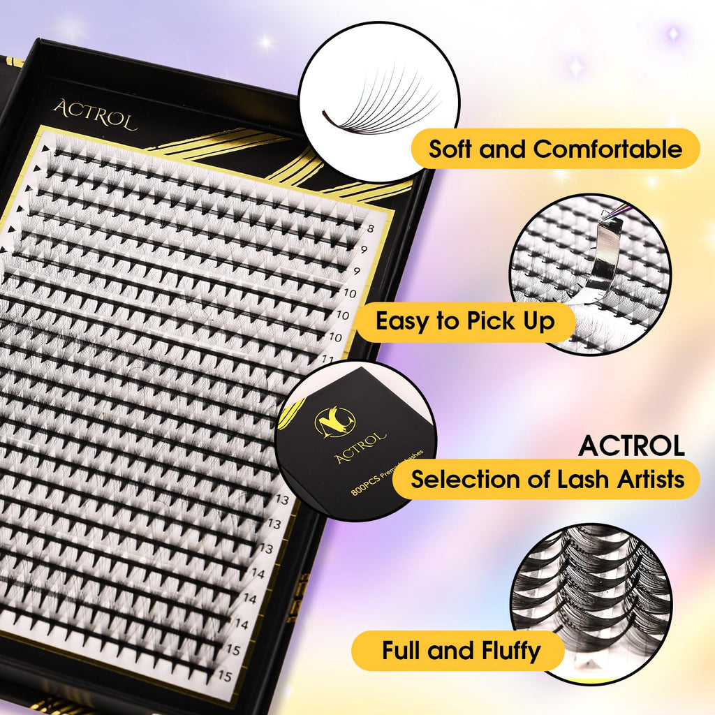 ACTROL 800 Premade Lash Fans – 10D D Curl Middle Stem, 8-15mm Mixed Length Box