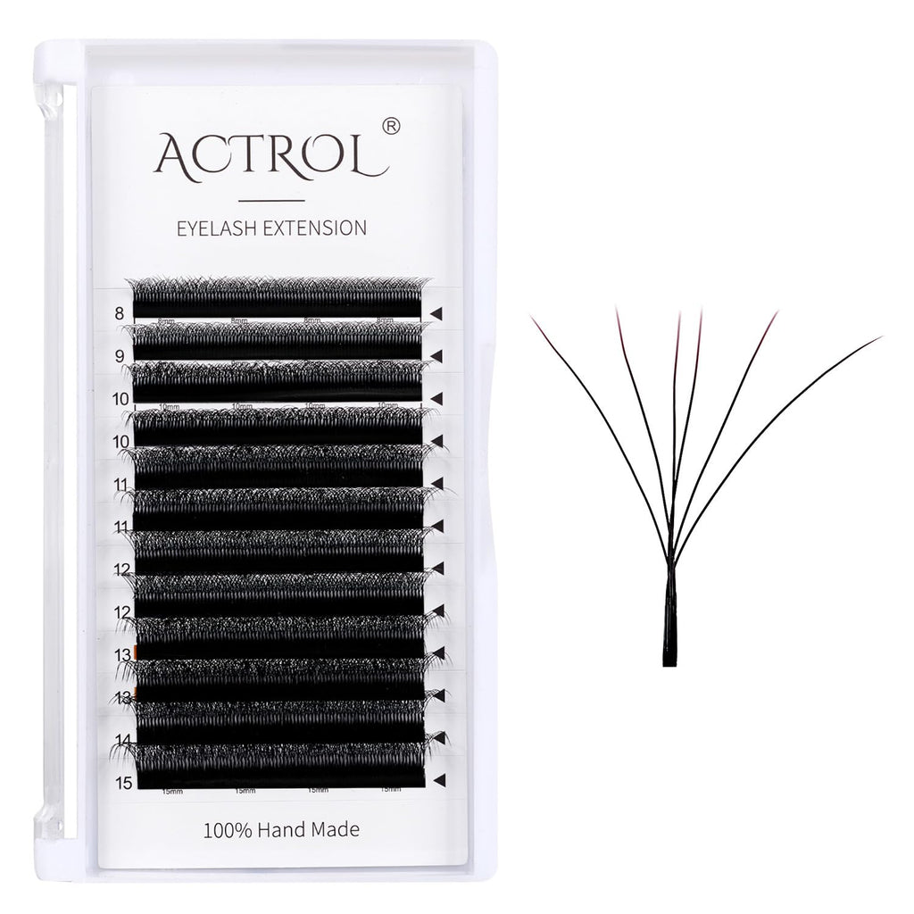 ACTROL W Eyelash Extensions 6D Volume 0.07D Curl 8-15mm Mix – Easy Fan W-Shaped Premades (Black)