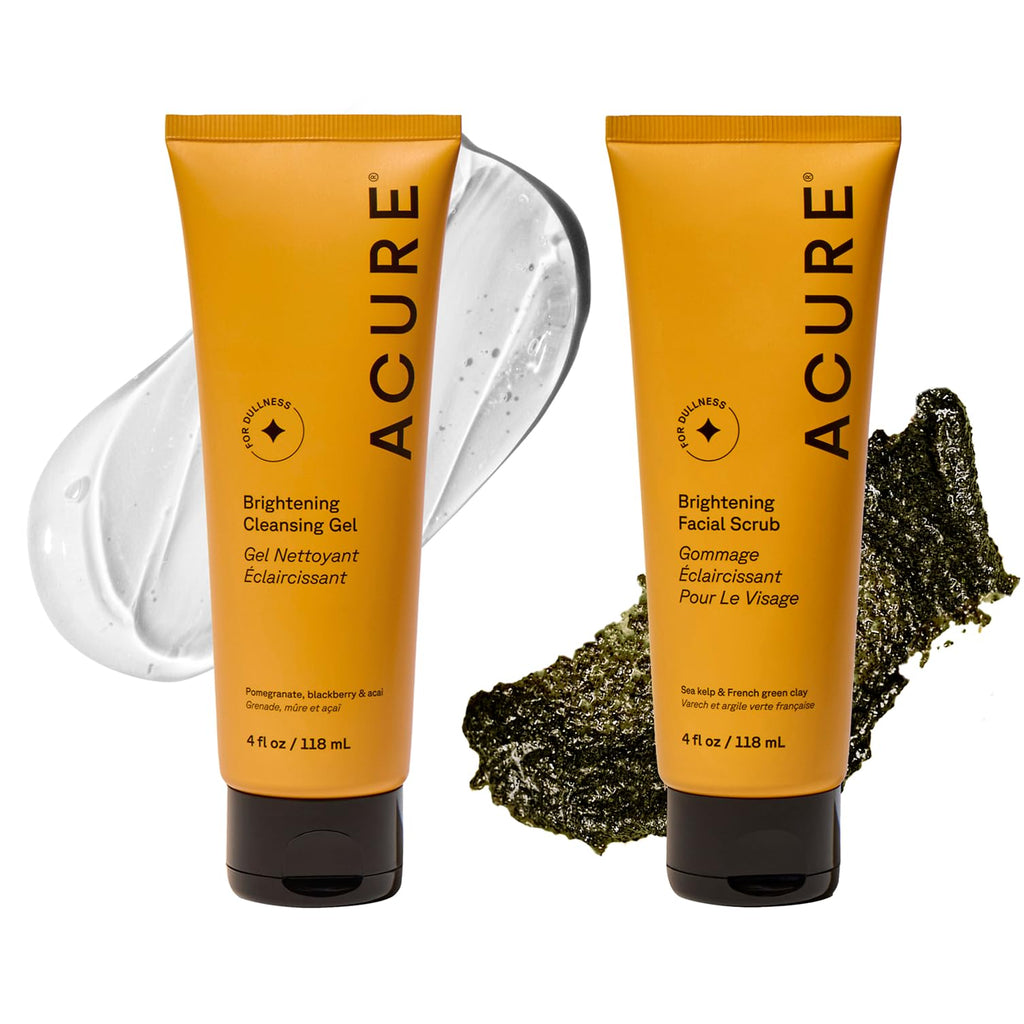 Acure Brightening Facial Scrub & Cleansing Gel Duo – 2 Pack, Vegan Exfoliating Cleanser Set