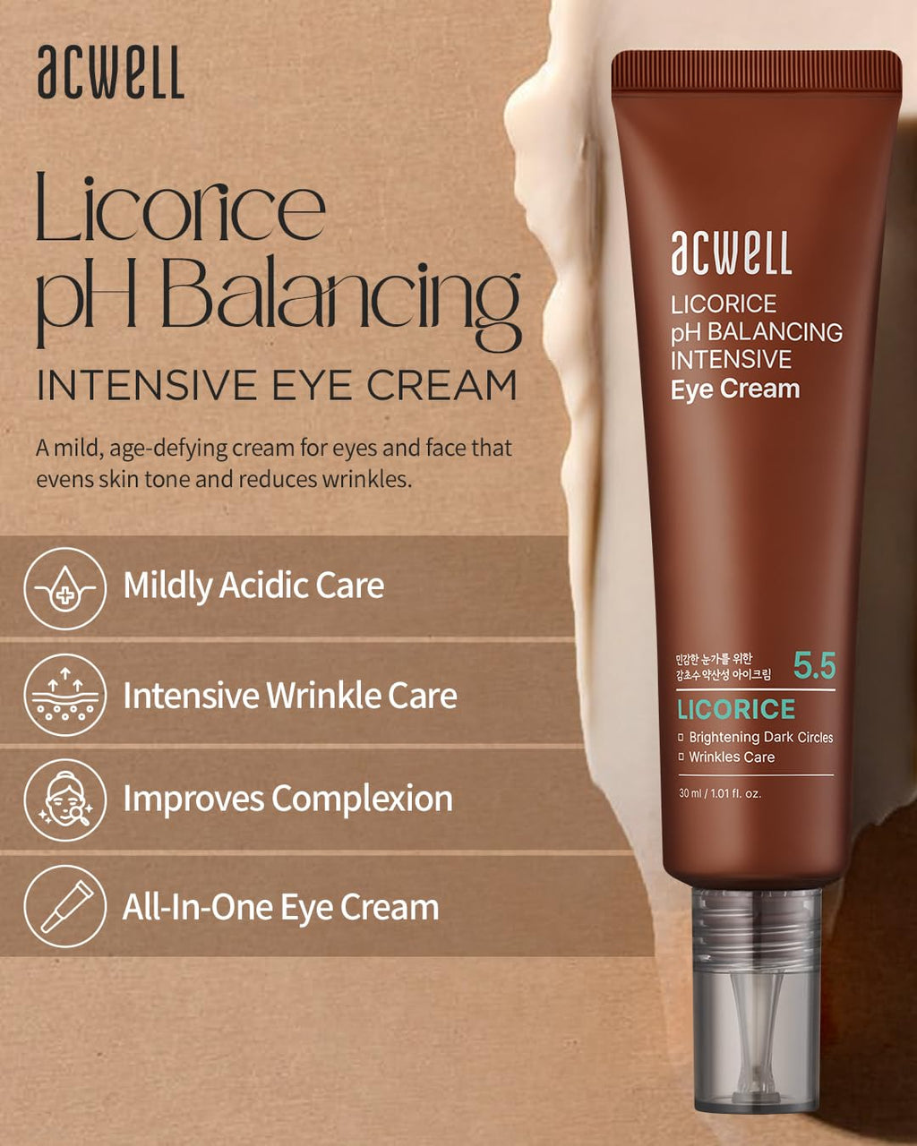 ACWELL Licorice pH Balancing Intensive Eye Cream – Anti-Wrinkle, Dark Circles & Puffiness (1.01 oz)