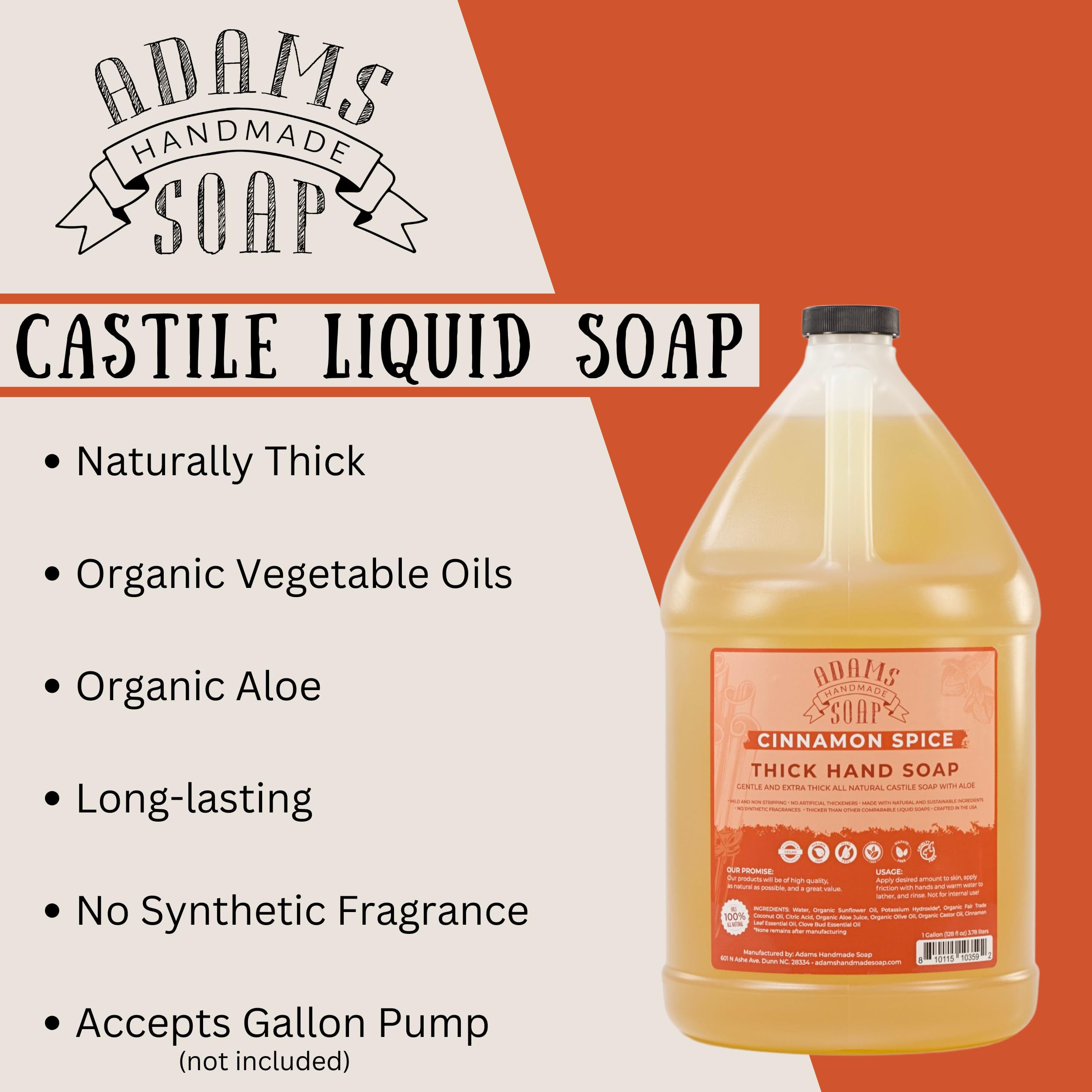 Adams Handmade Soap Thick Organic Castile Liquid Hand Soap 1 Gallon Refill – Cinnamon Spice