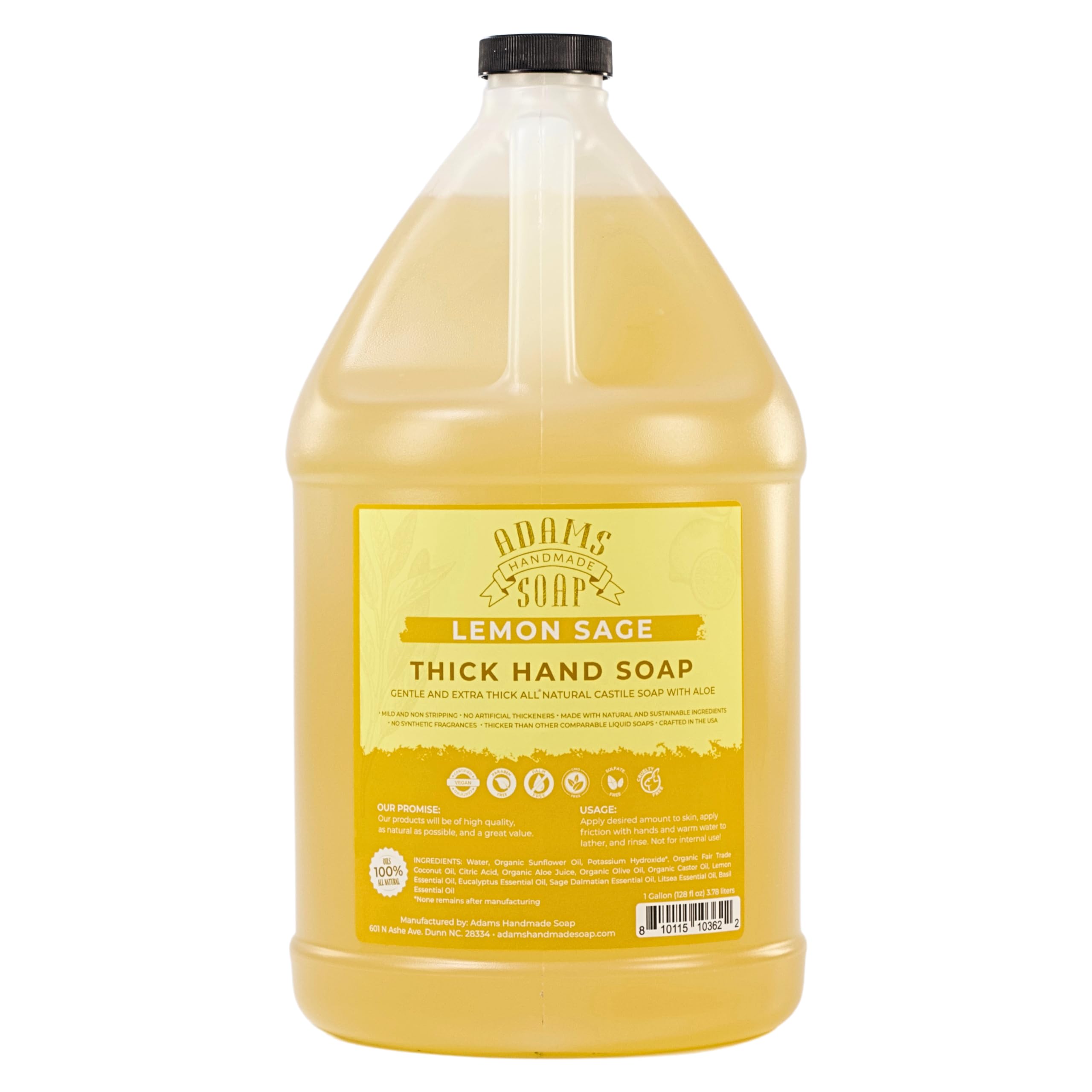 Adams Handmade Soap Thick Organic Castile Liquid Hand Soap - Lemon Sage, 1 Gallon Refill