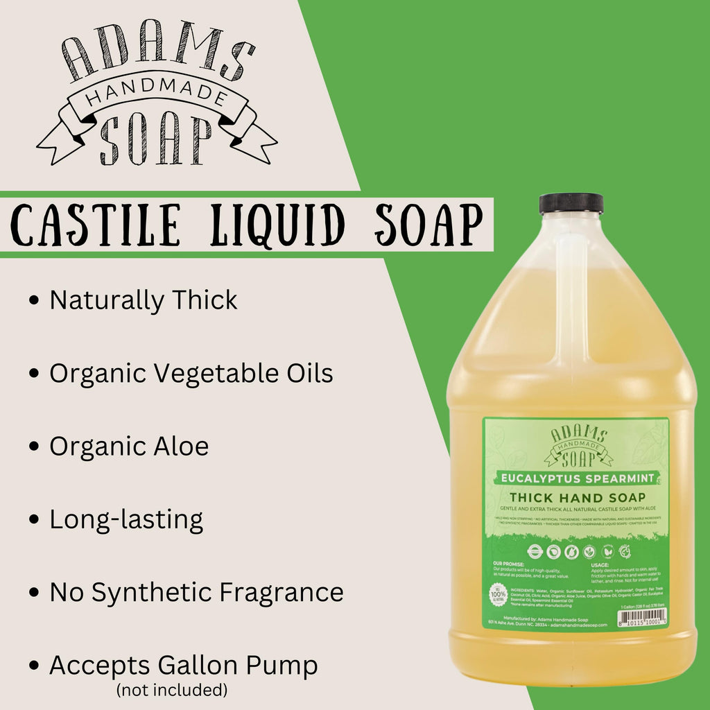 Adams Handmade Soap Liquid Castile Hand Soap, Thick & Mild – Eucalyptus Spearmint, 1 Gallon