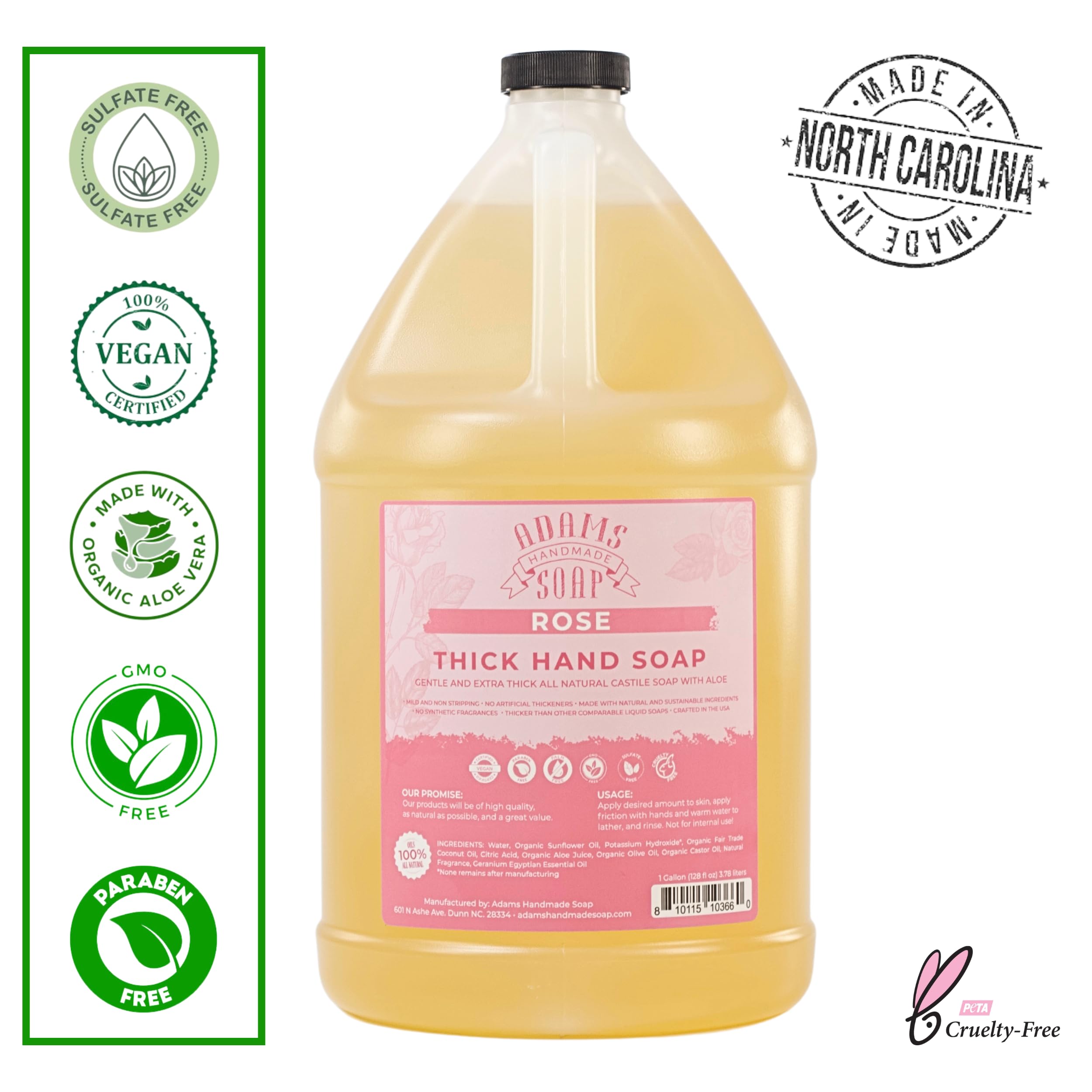 Adams Handmade Soap Thick Organic Castile Hand Soap – Rose, 1 Gallon Refill