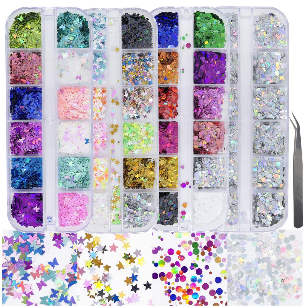AddFavor 4-Box Holographic Nail Sequins Set – Butterfly, Star, Hearts & More