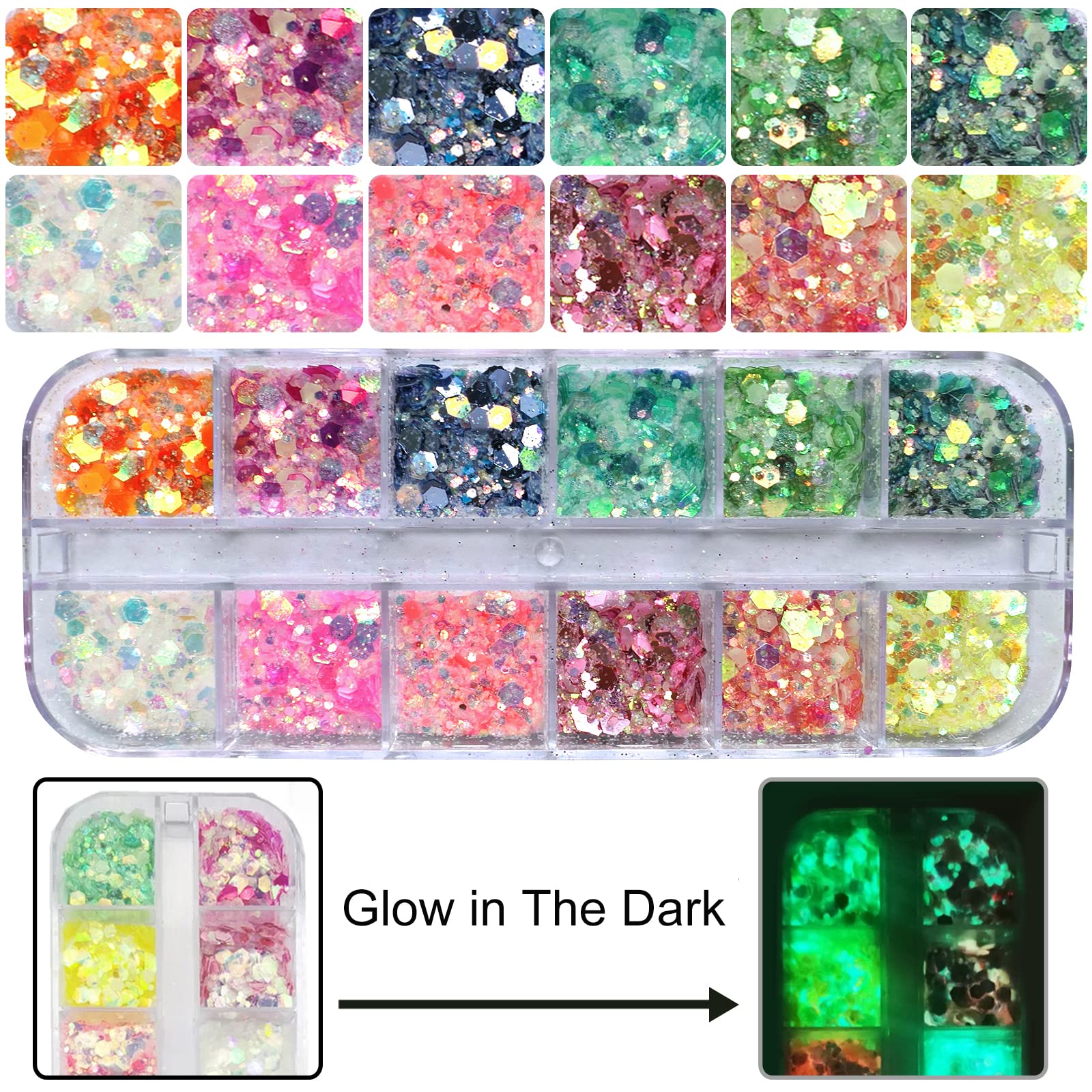 AddFavor 4 Boxes Nail Glitter Kit | Luminous Mermaid Glitter & Mixed Shapes