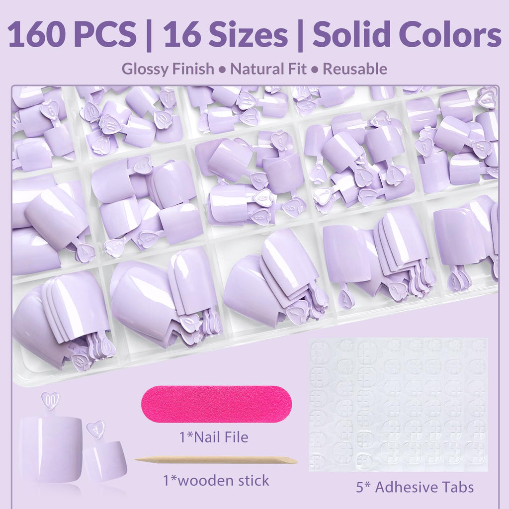 AddFavor 160pcs Purple Press-On Toenails for Women | Full Cover Tips with Adhesive Tabs