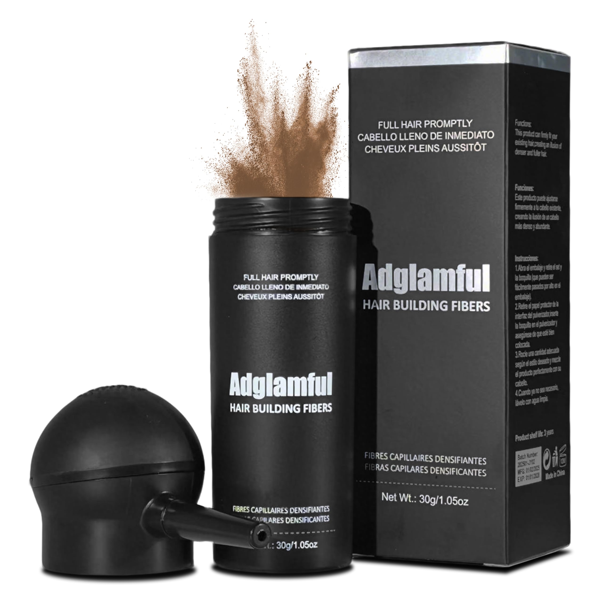 Adglamful Hair Fibers for Thinning Hair – Lightweight Building Fibers with Spray Applicator (Light Brown, 30g)