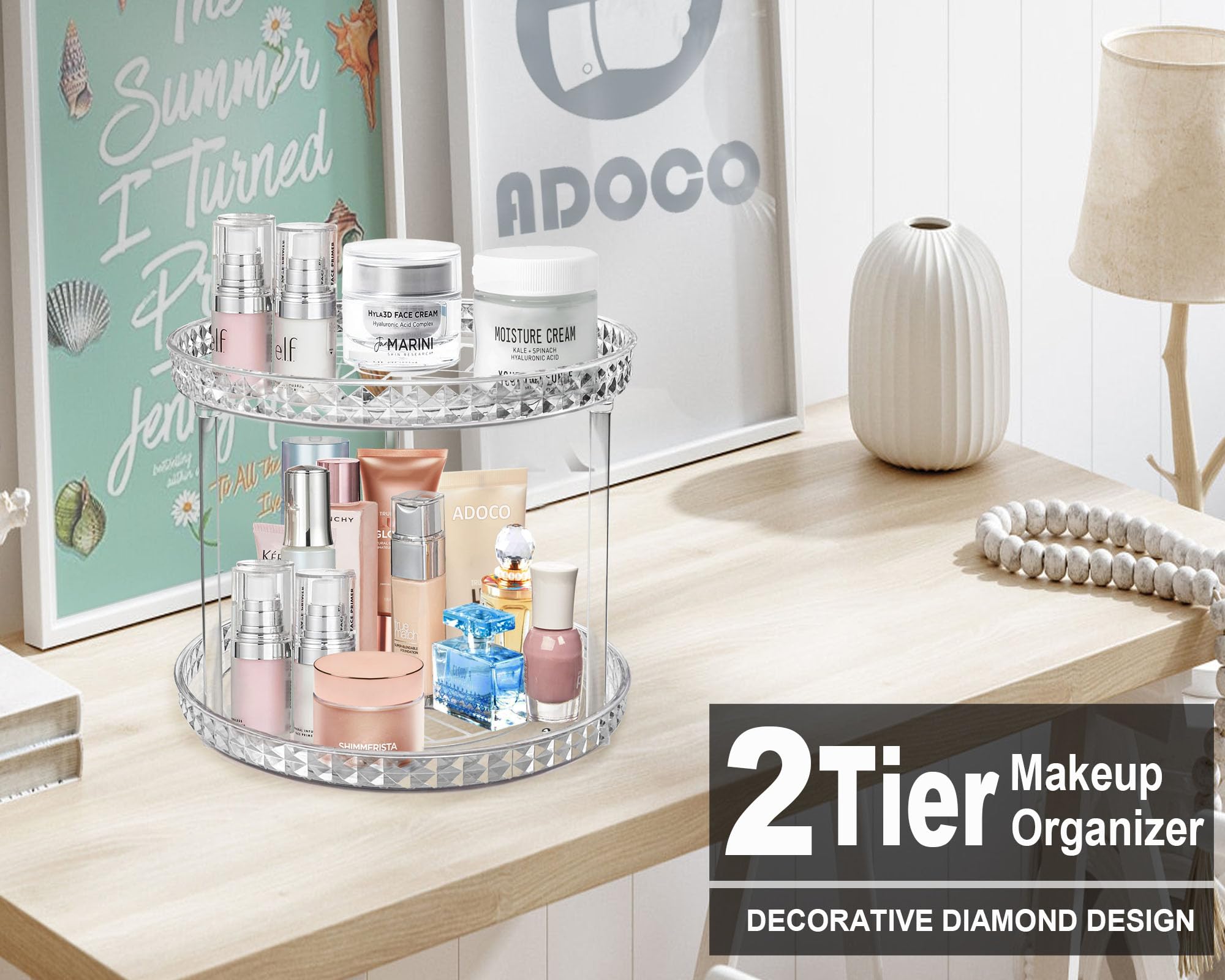 Adoco 2-Tier Diamond Lazy Susan Bathroom Organizer – 360° Rotating Clear Countertop Cosmetic Organizer (9.25 inch)
