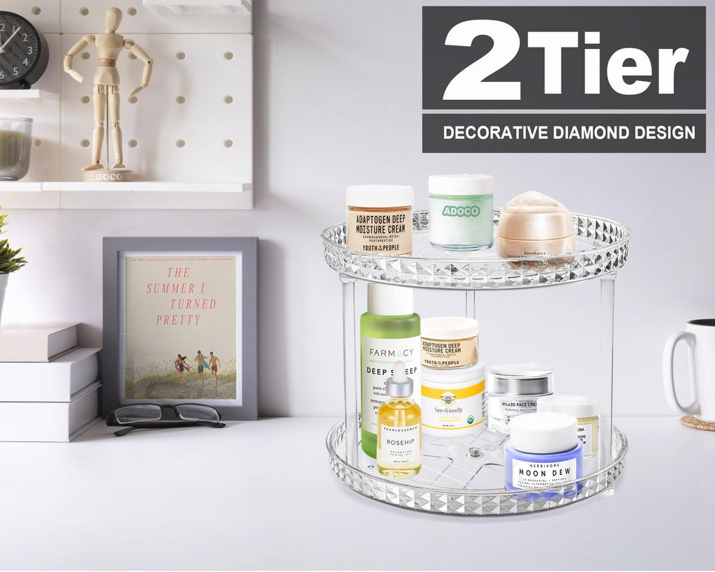 Adoco 2-Tier Diamond Lazy Susan Bathroom Organizer – 360° Rotating Clear Countertop Cosmetic Organizer (9.25 inch)