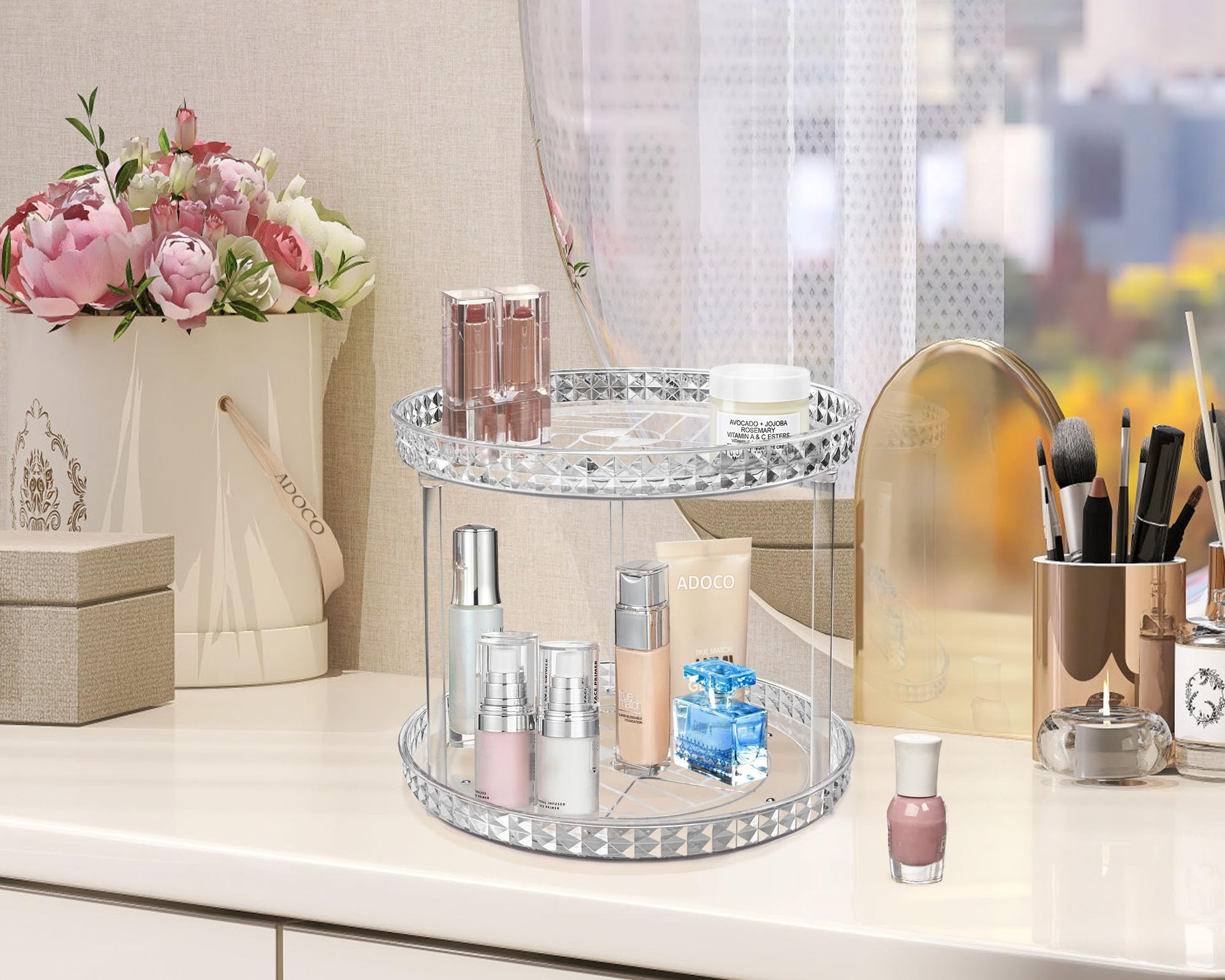 Adoco 2-Tier Diamond Lazy Susan Bathroom Organizer – 360° Rotating Clear Countertop Cosmetic Organizer (9.25 inch)
