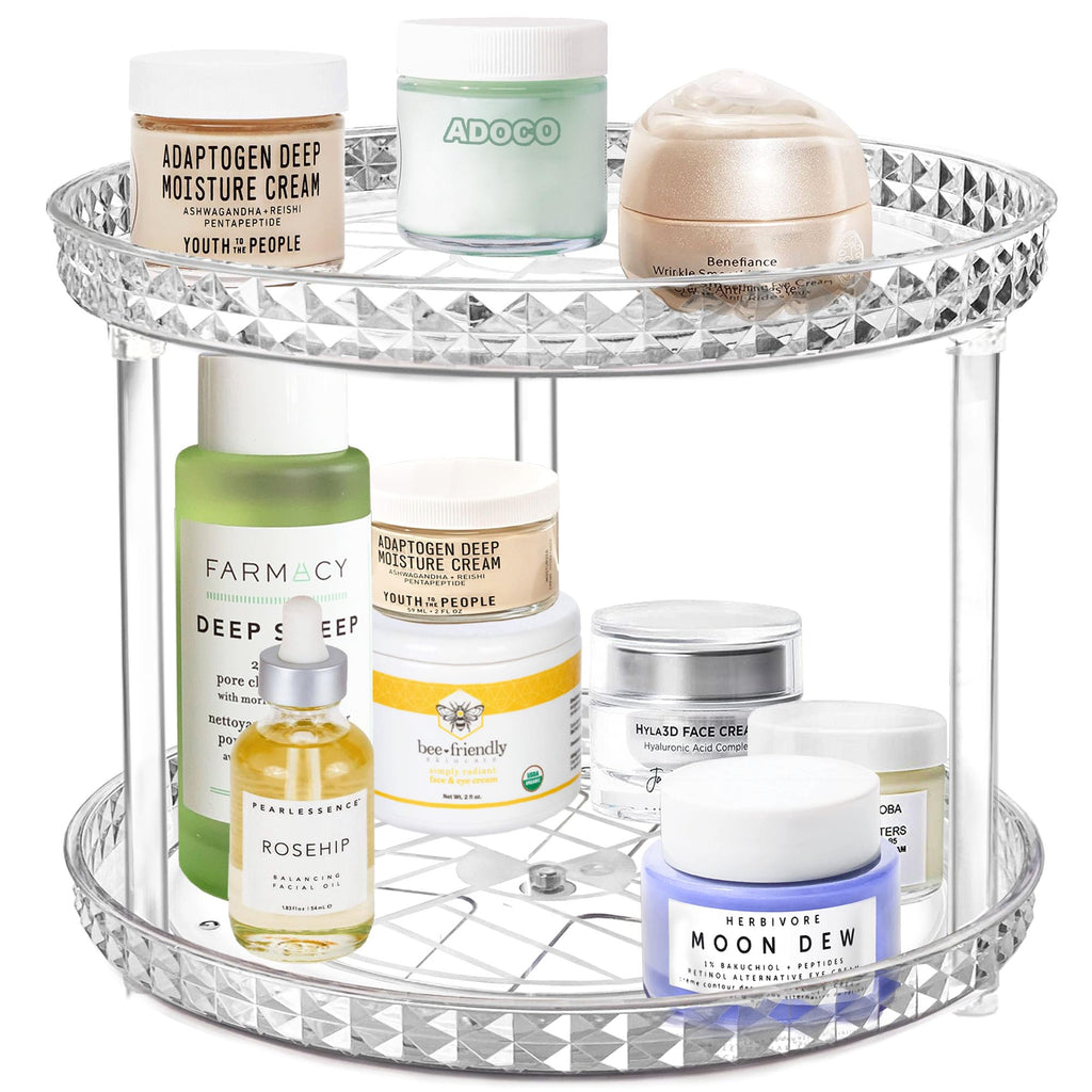 Adoco 2-Tier Diamond Lazy Susan Bathroom Organizer – 360° Rotating Clear Countertop Cosmetic Organizer (9.25 inch)