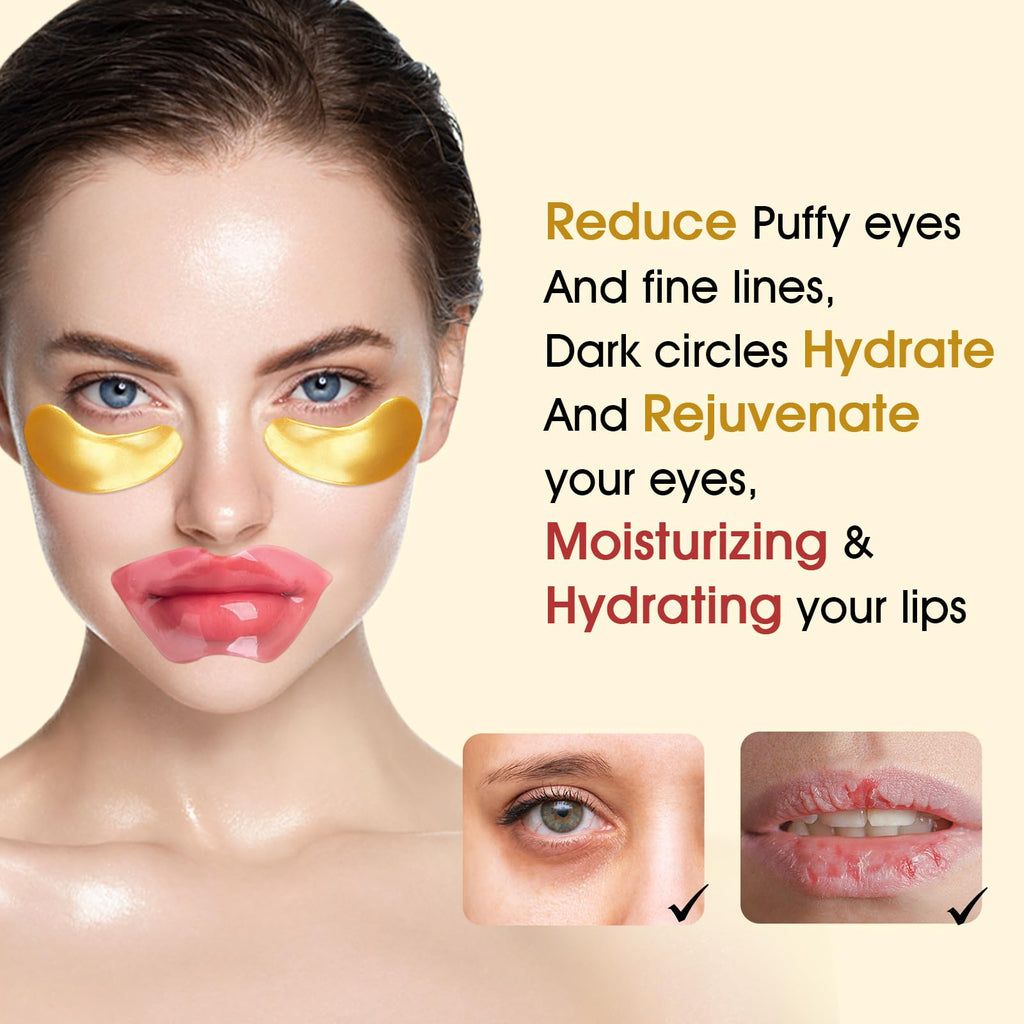 Adofect Collagen Crystal Lip Mask & 24K Gold Eye Mask Set – 40 Pairs, Hydration & Revitalization | Valentine's Day Gift