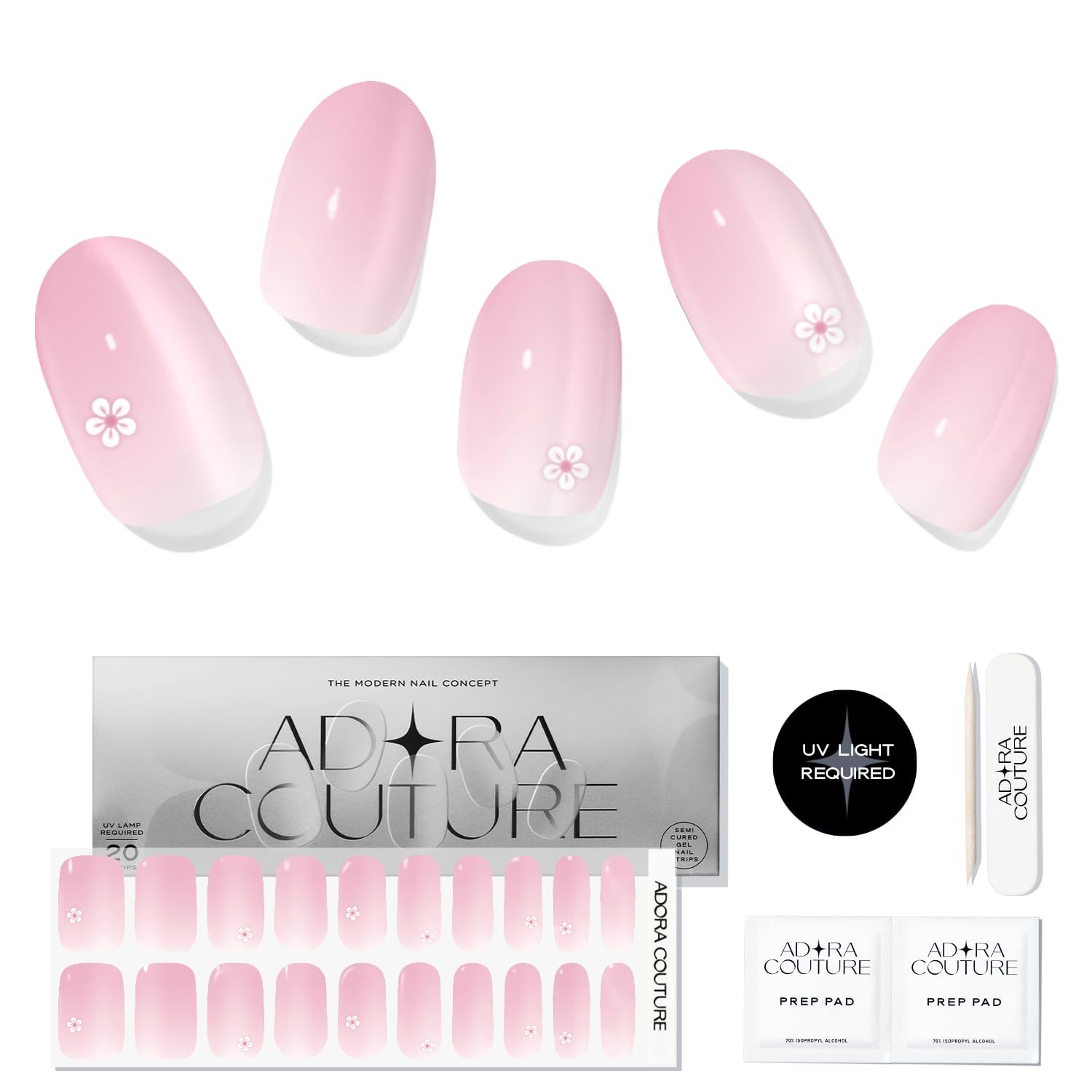 Adora Couture Semi-Cured Gel Nail Strips – Salon-Quality Gel Stickers, UV Lamp Required, Pink Cherry