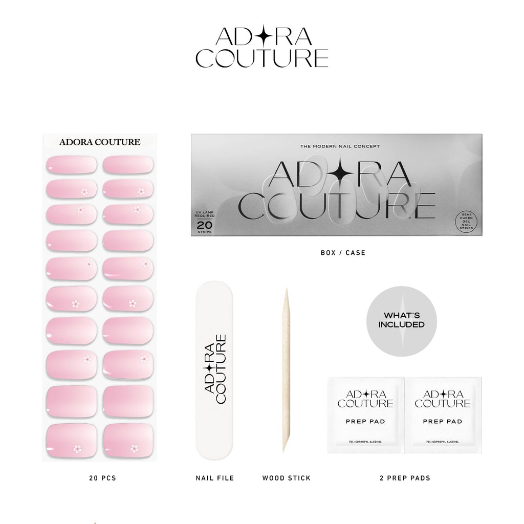 Adora Couture Semi-Cured Gel Nail Strips – Salon-Quality Gel Stickers, UV Lamp Required, Pink Cherry