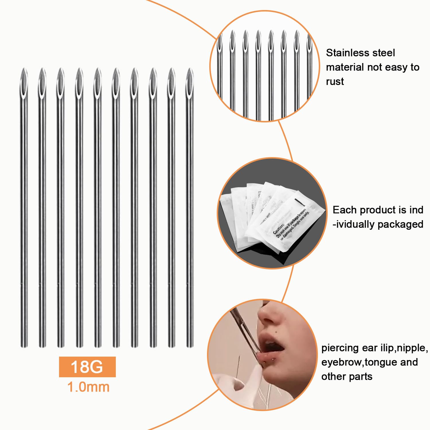 ADULLPONY 18G Ear Nose Piercing Needles Kit – 30 Sterile Hollow Needles with Forceps Clamp