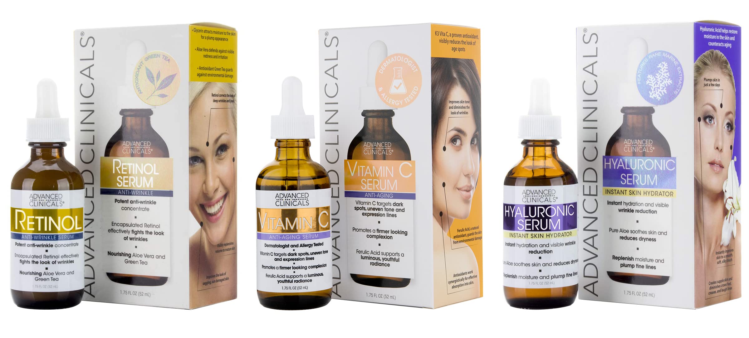 Advanced Clinicals 3pc Retinol, Vitamin C & Hyaluronic Acid Serum Set – Anti-Aging, Brightening & Hydration