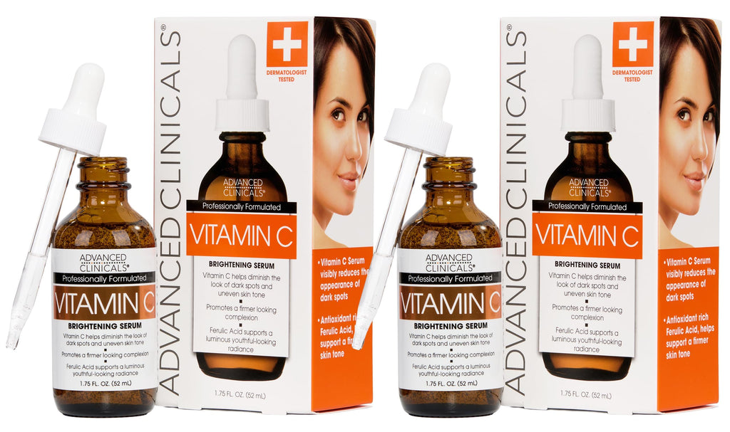 Advanced Clinicals Brightening Vitamin C Serum with Glycolic & Lactic Acid – 2-Pack | Face & Eye Serum